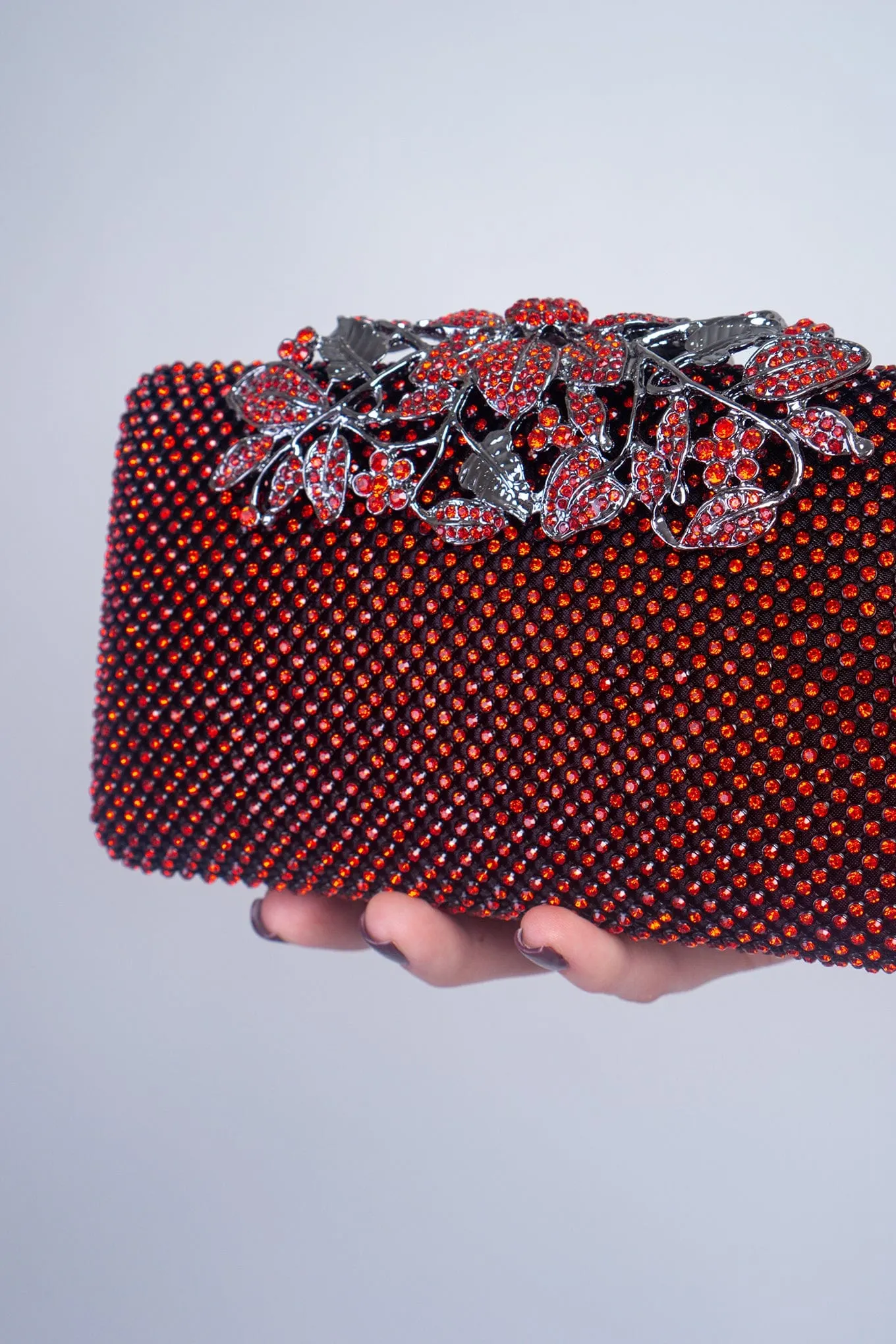 Red Floral Closure Rhinestone Clutch