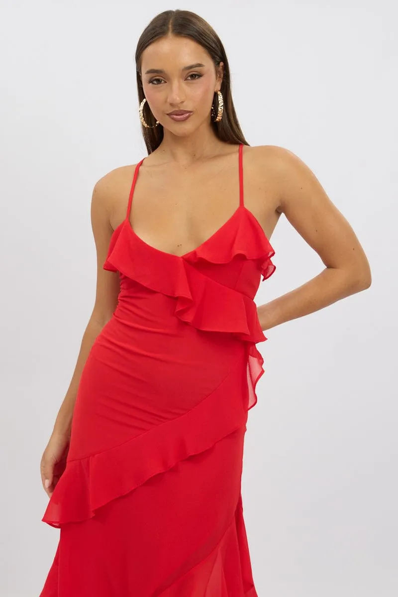 Red Midi Dress Ruffle Detail