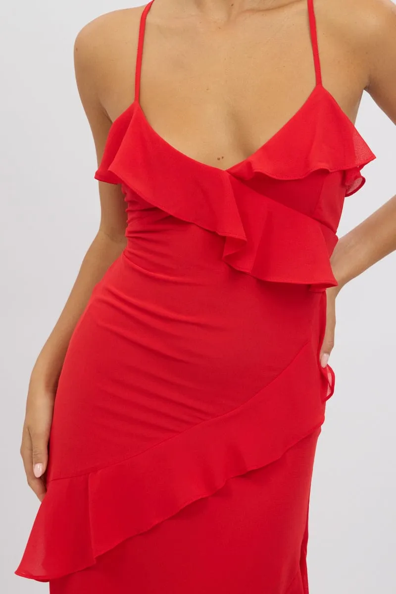 Red Midi Dress Ruffle Detail