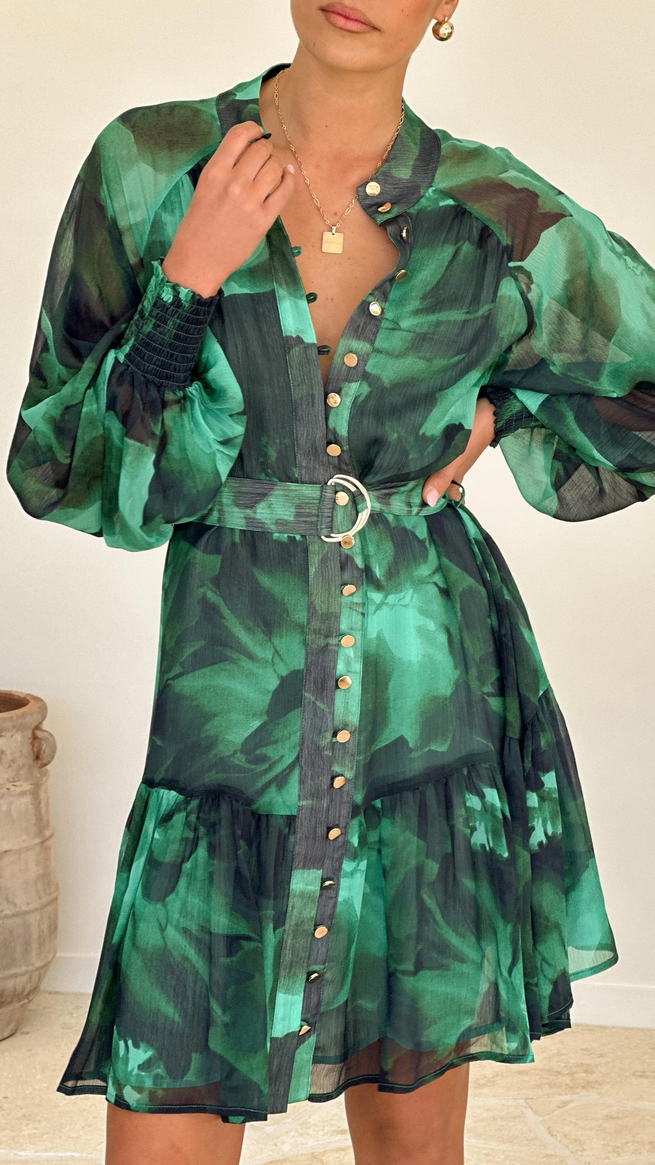 Renata Mini Dress - Green Print