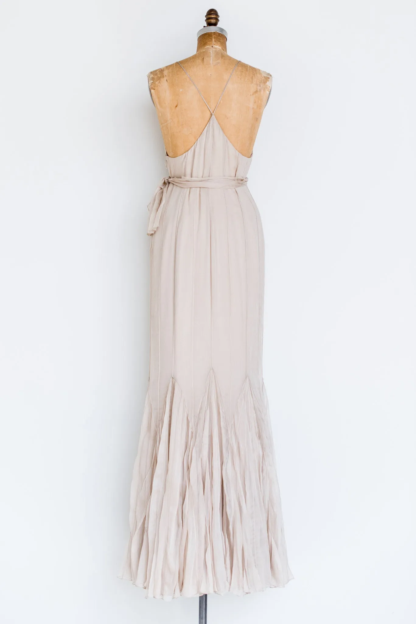 RENTAL Silk Beige Pintuck Halter Gown - S