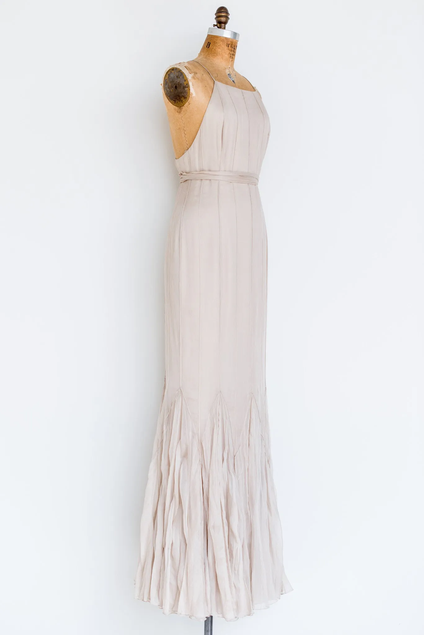 RENTAL Silk Beige Pintuck Halter Gown - S