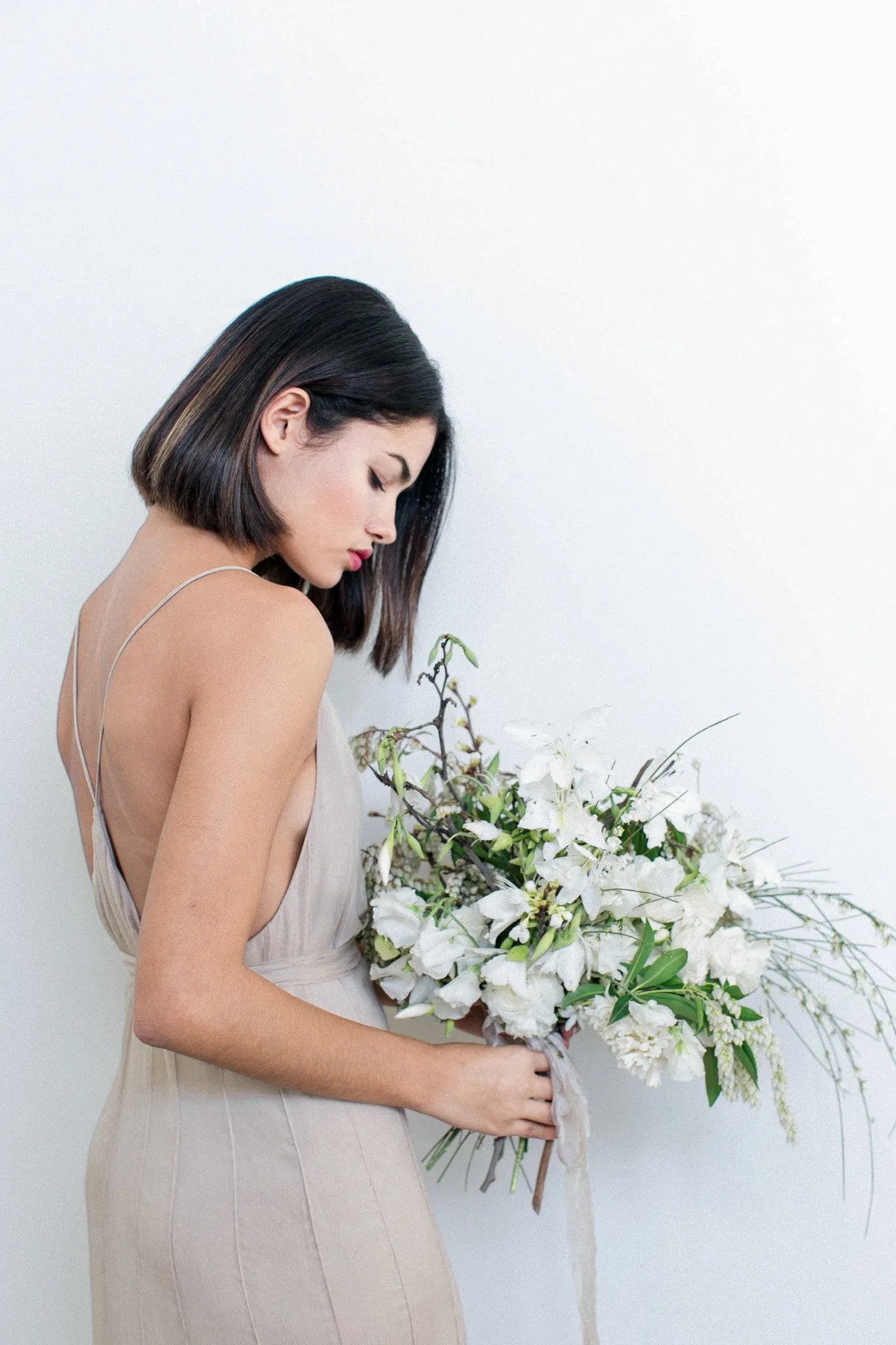 RENTAL Silk Beige Pintuck Halter Gown - S