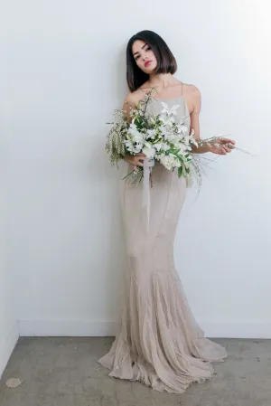 RENTAL Silk Beige Pintuck Halter Gown - S