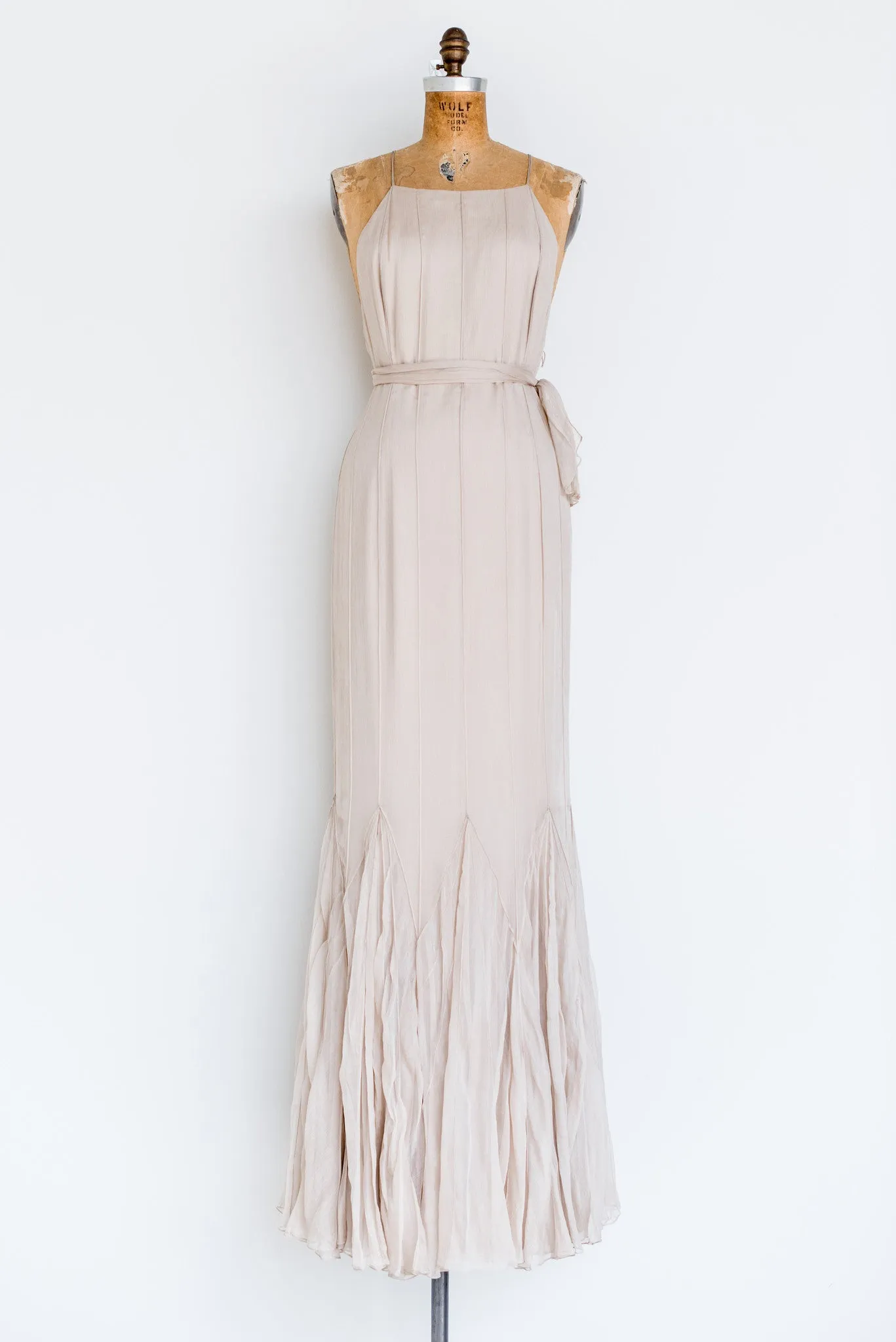 RENTAL Silk Beige Pintuck Halter Gown - S