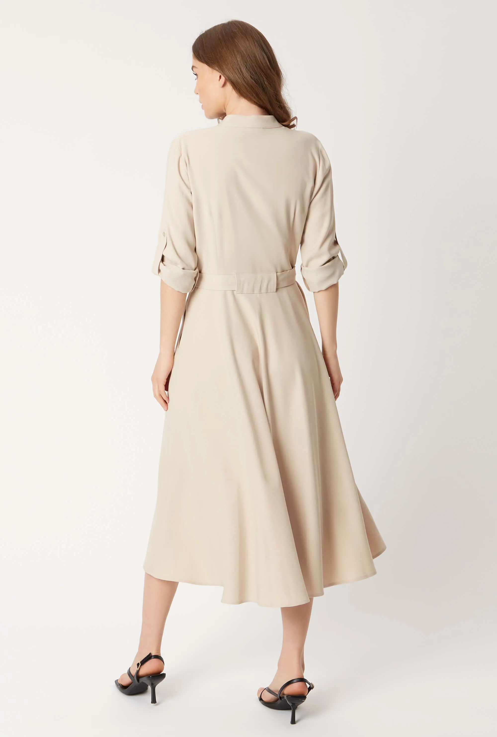Roll Sleeve Midi Dress Beige