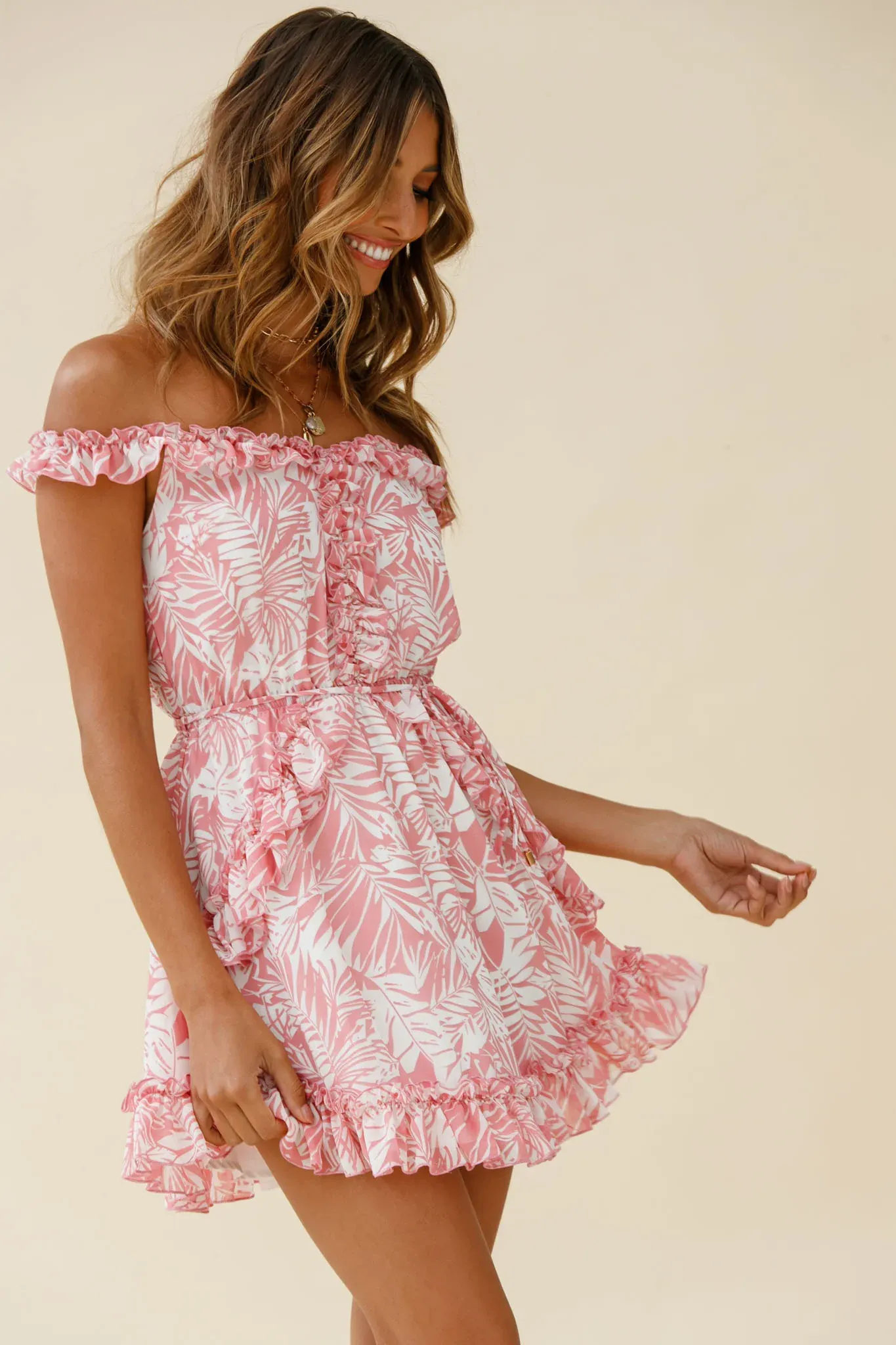 Sail Away Off-Shoulder Frill Accent Dress Tropical Print Pink