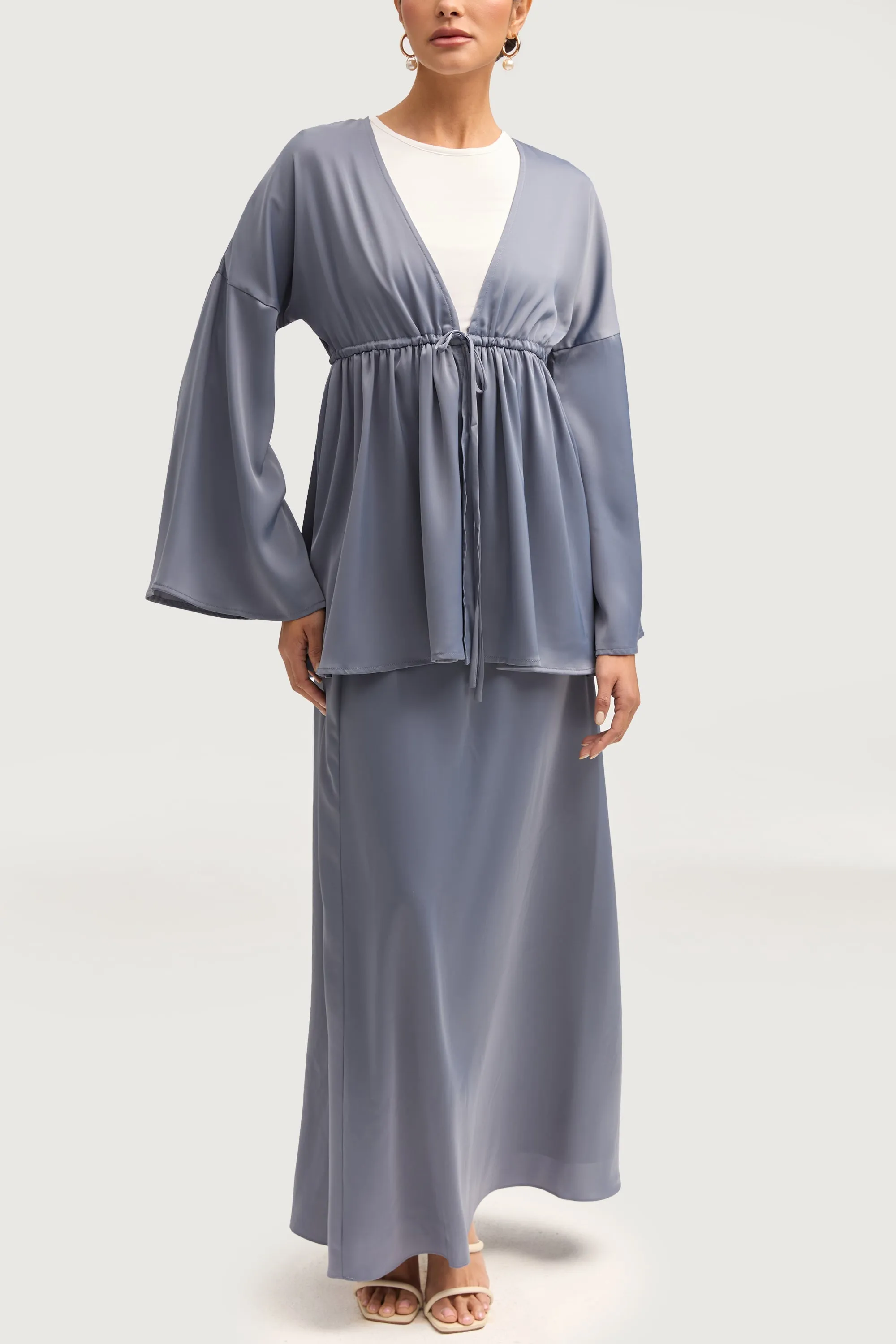 Samia Satin Tie Front Top - Winter Blue