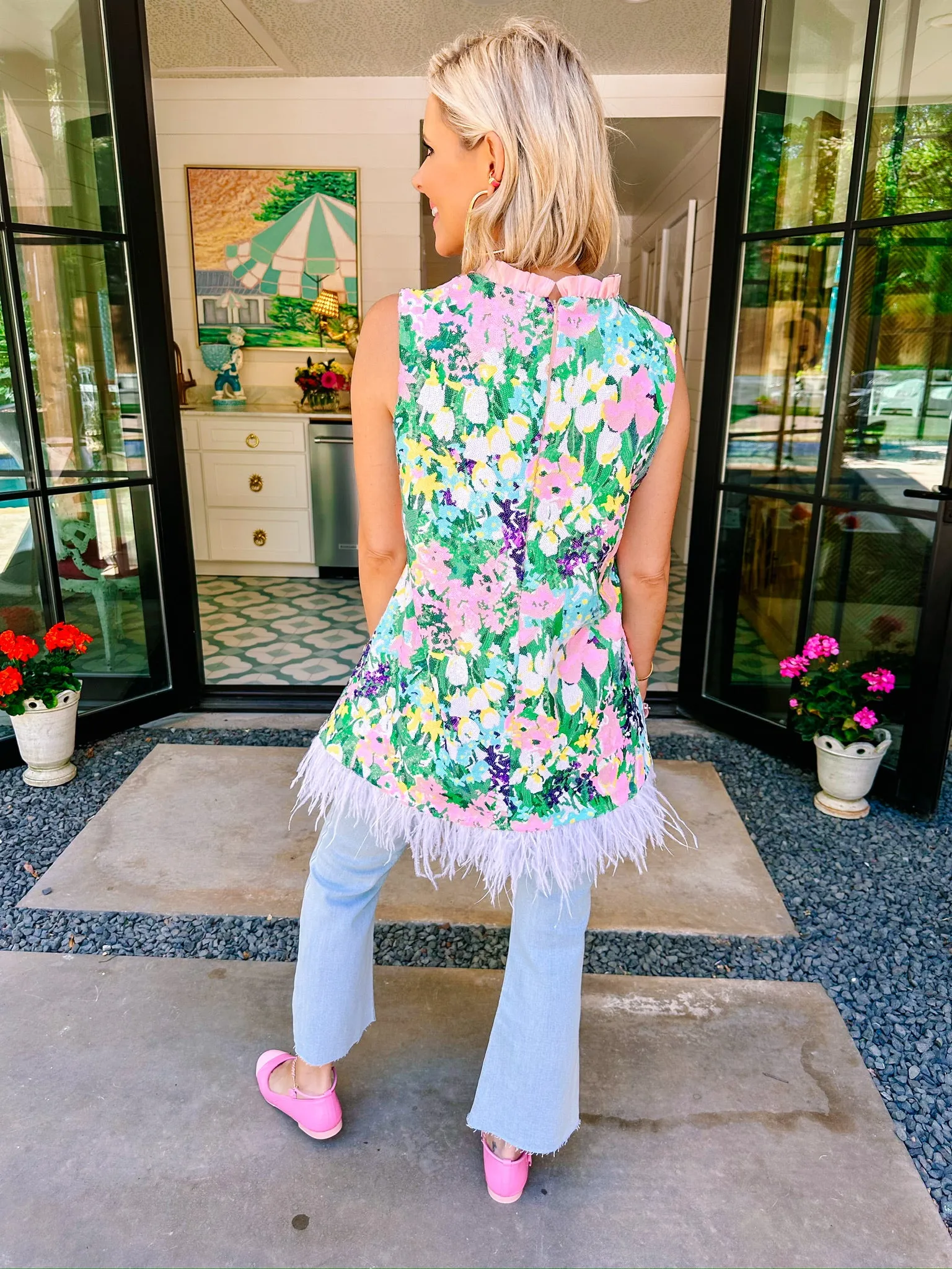SPARKLING BLOSSOMS FEATHER TUNIC TOP