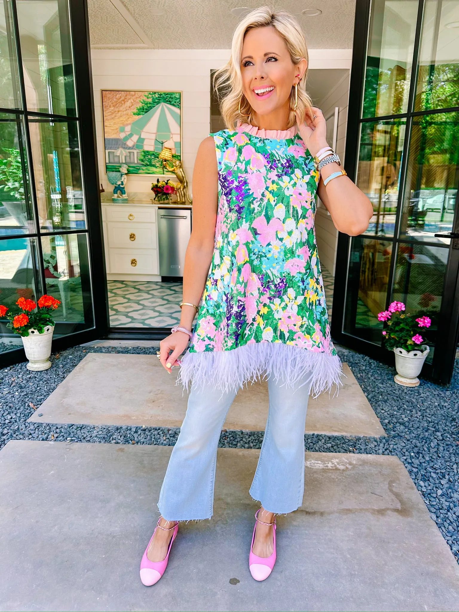 SPARKLING BLOSSOMS FEATHER TUNIC TOP