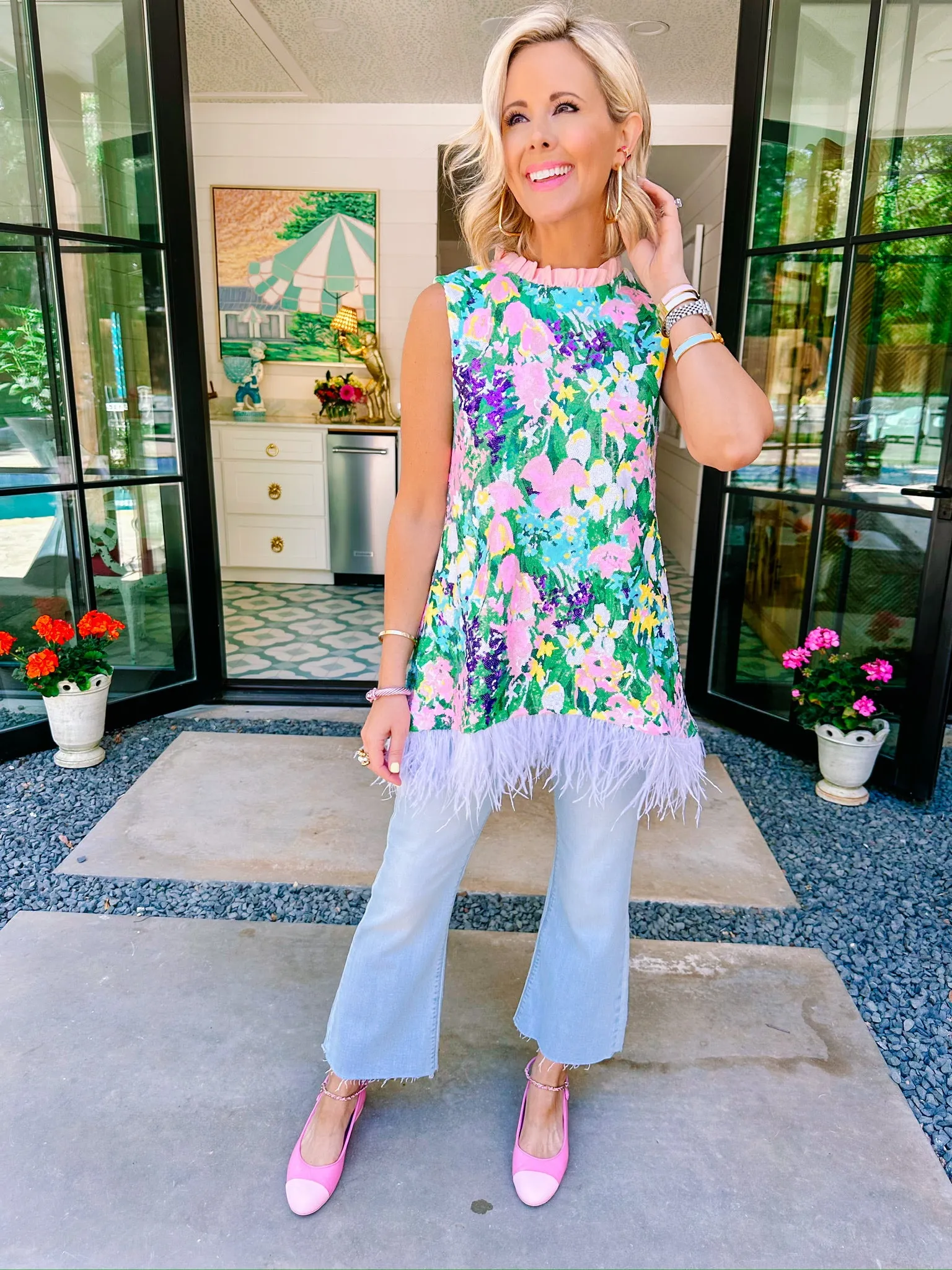 SPARKLING BLOSSOMS FEATHER TUNIC TOP