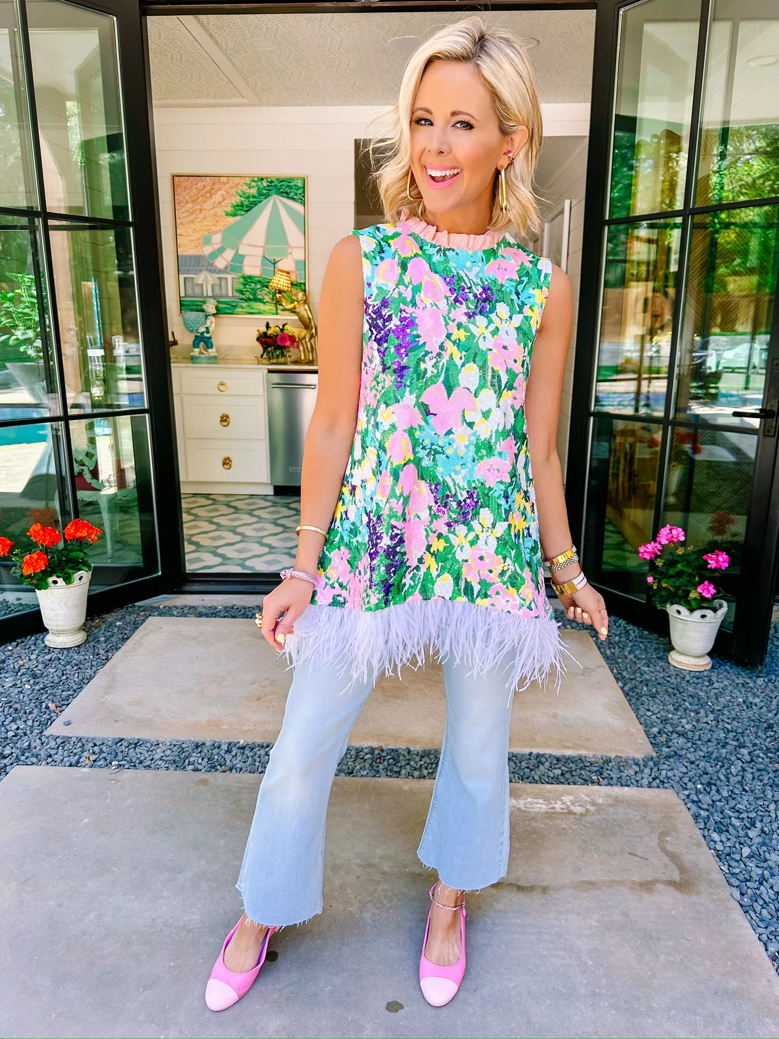 SPARKLING BLOSSOMS FEATHER TUNIC TOP