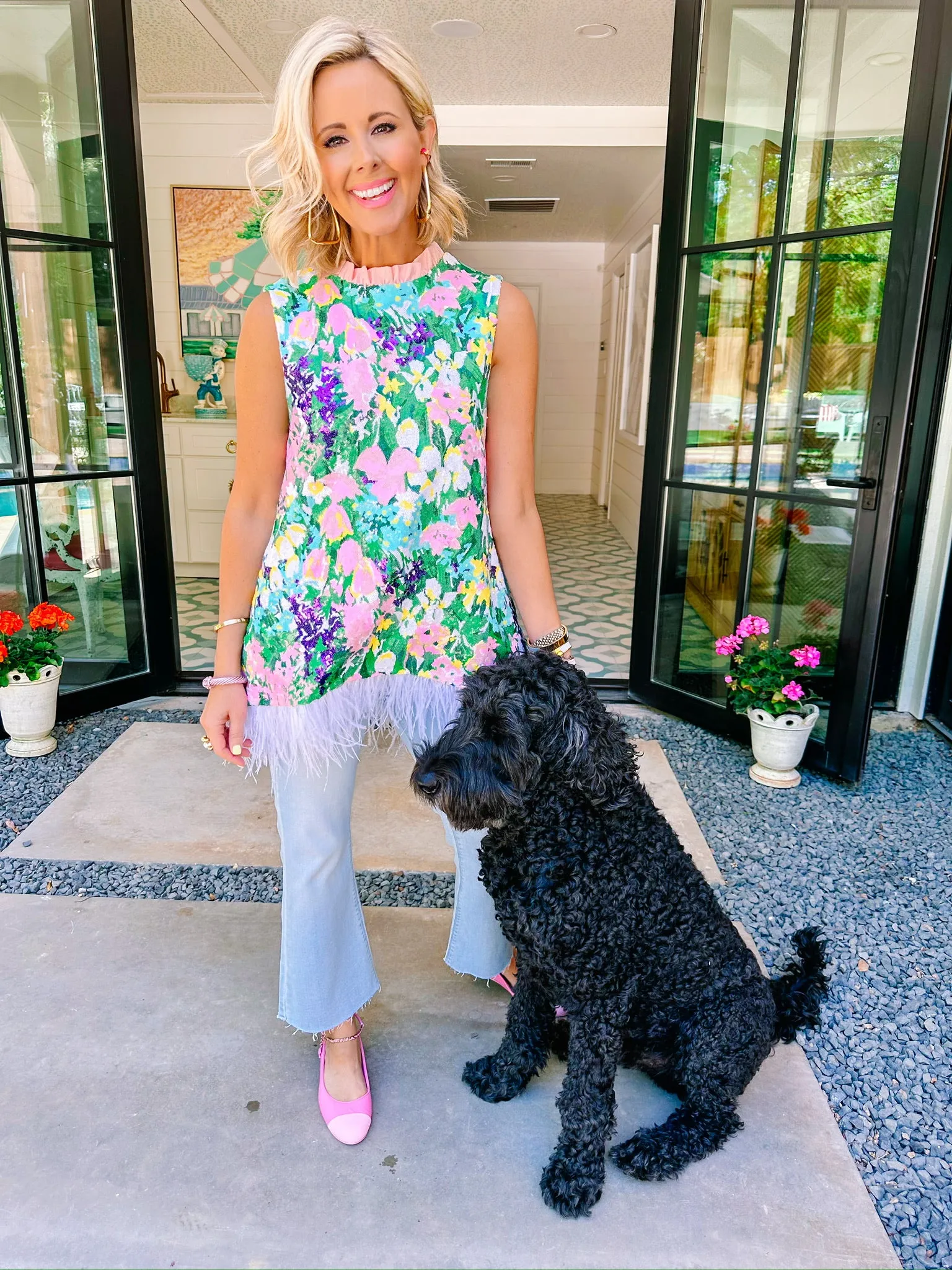 SPARKLING BLOSSOMS FEATHER TUNIC TOP
