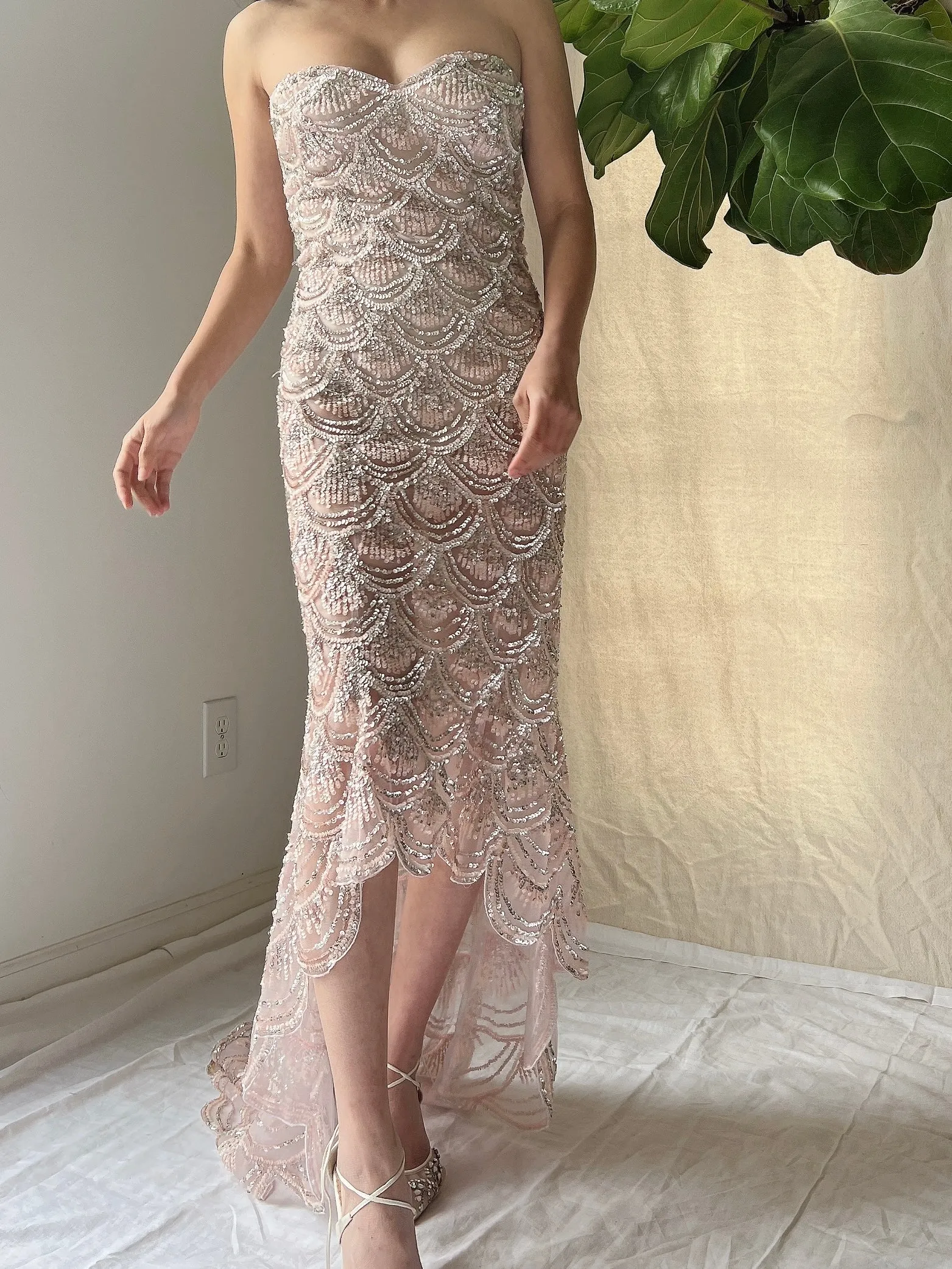 Strapless Sequins Tulle Hi-Low Dress - XS
