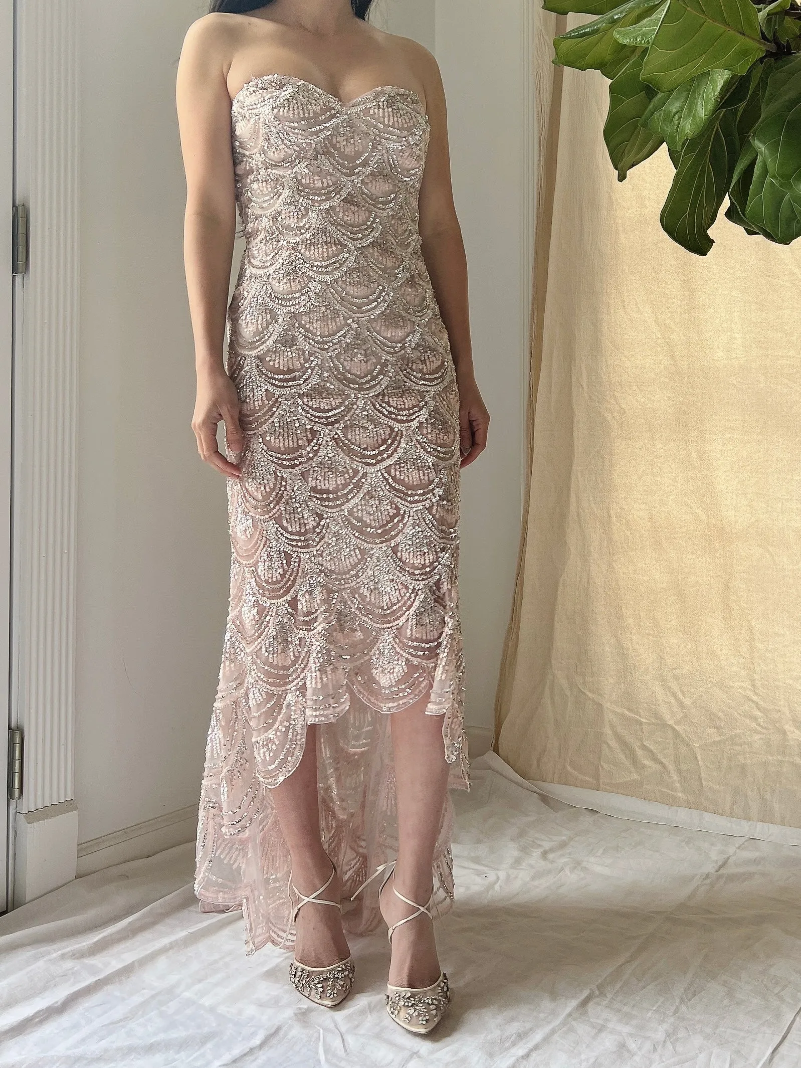 Strapless Sequins Tulle Hi-Low Dress - XS