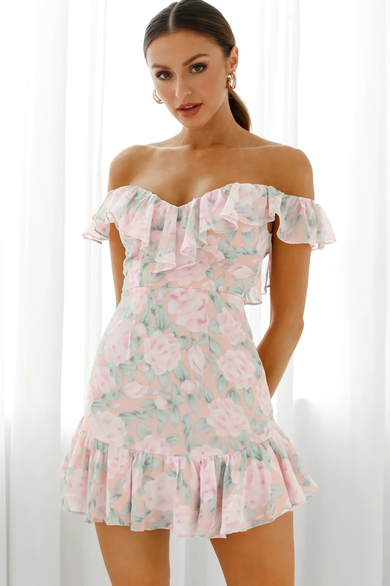 Sweet Melody Sweetheart Neckline Off-Shoulder Dress Floral Print Nude/Pink