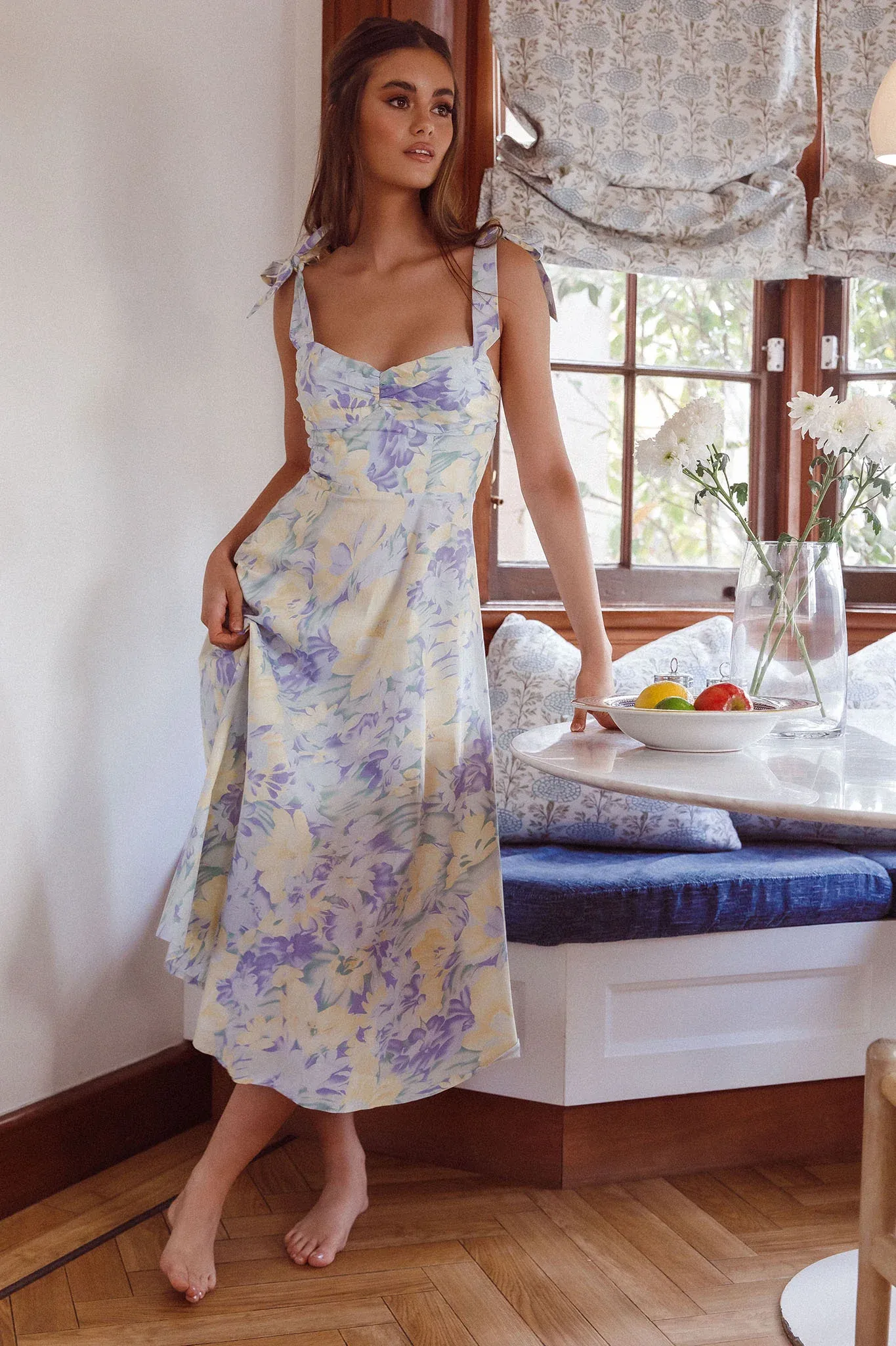 Sweet Pea Tied Shoulder Midi Dress Floral Purple