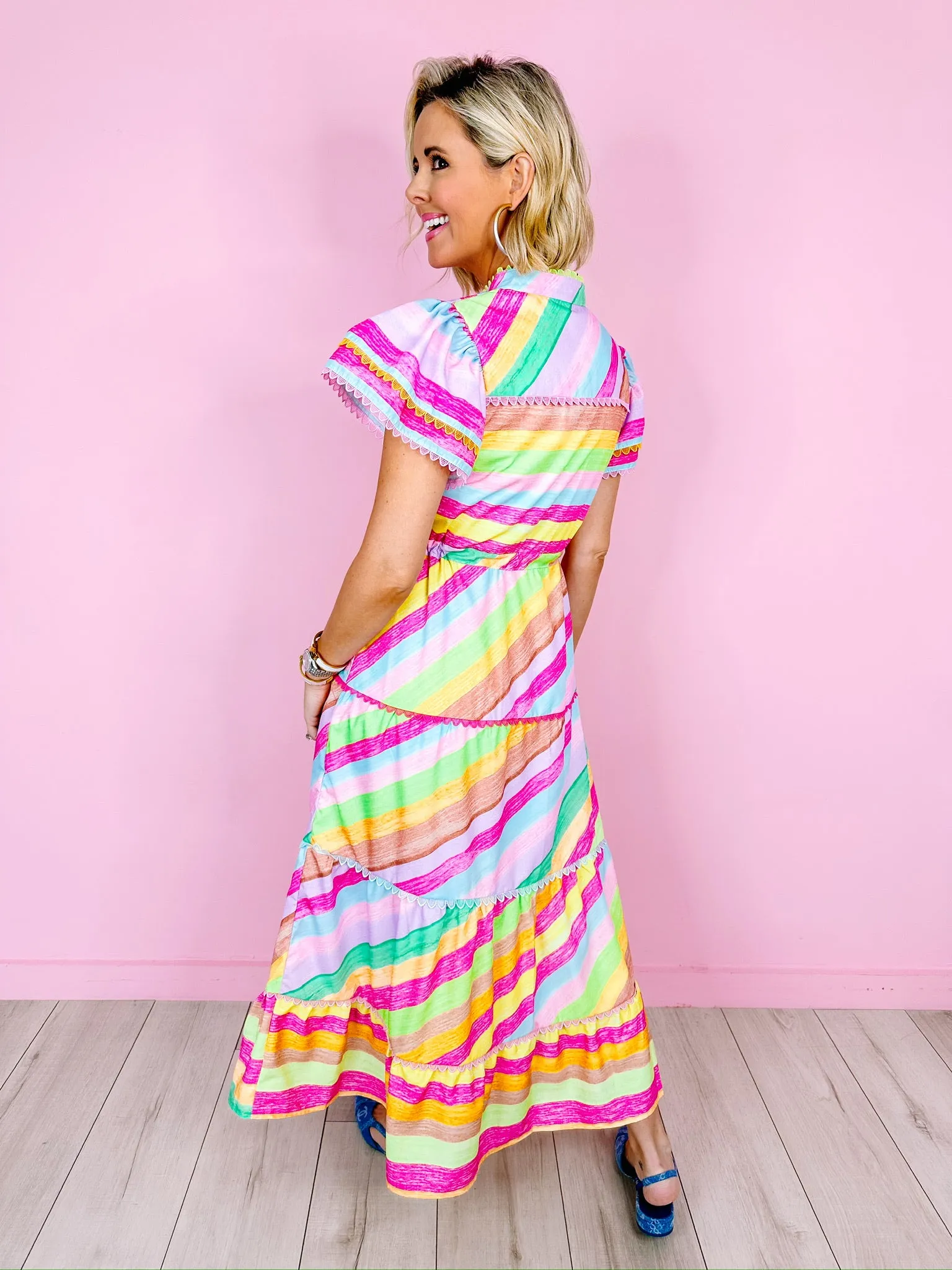 TABI SCALLOP TRIM MIDI DRESS - COLORFUL STRIPE