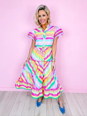 TABI SCALLOP TRIM MIDI DRESS - COLORFUL STRIPE