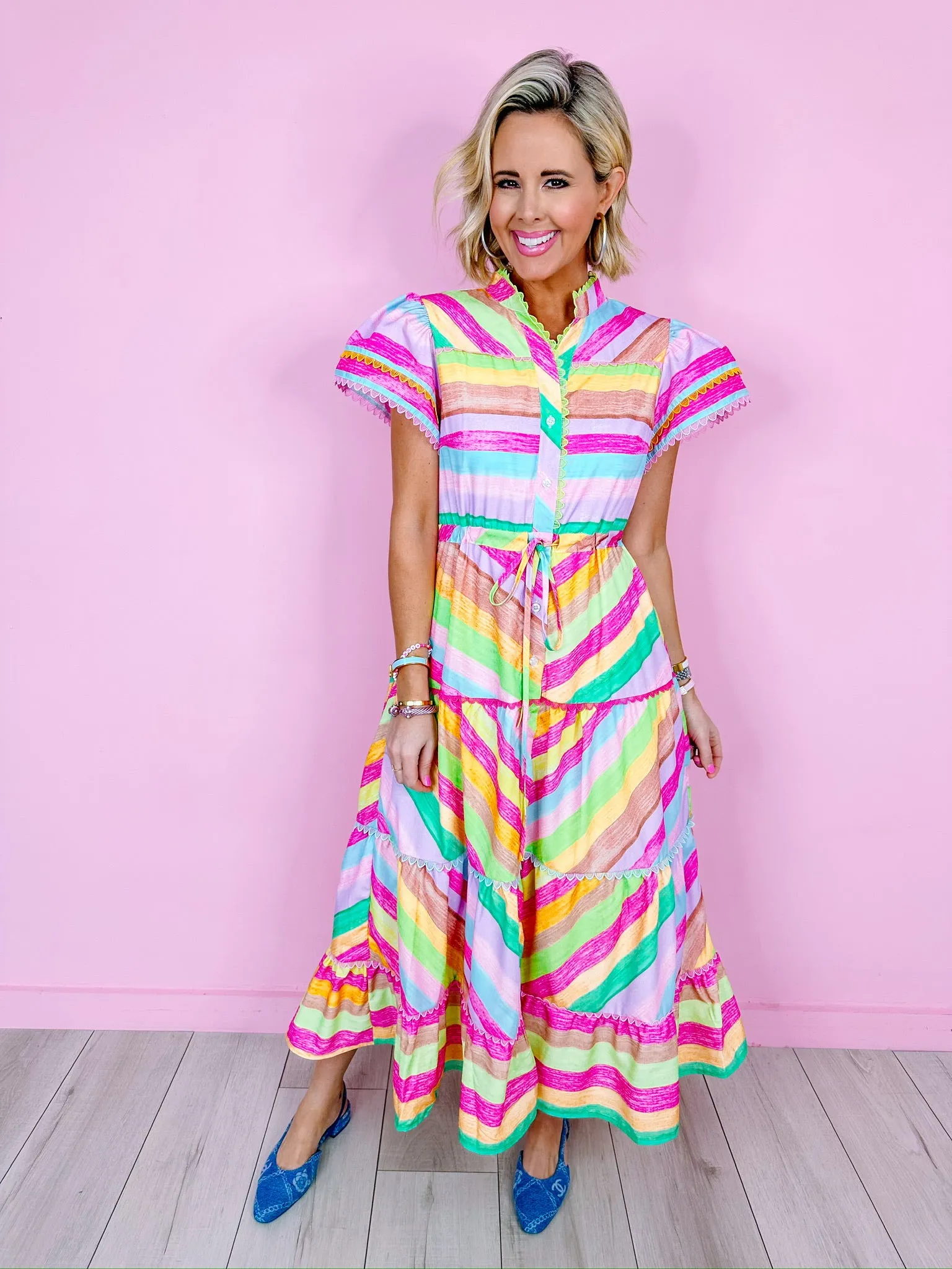TABI SCALLOP TRIM MIDI DRESS - COLORFUL STRIPE