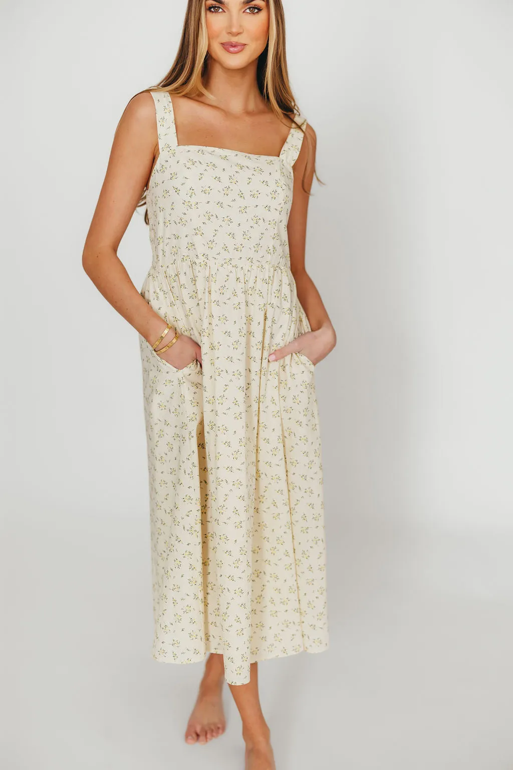 Tinsley 100% Cotton Midi Dress in Cream Floral