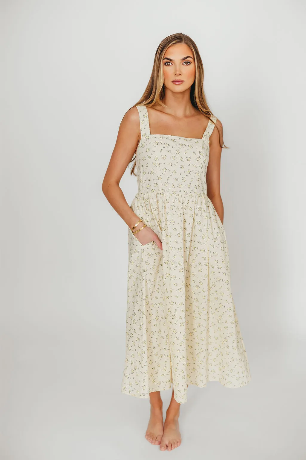 Tinsley 100% Cotton Midi Dress in Cream Floral