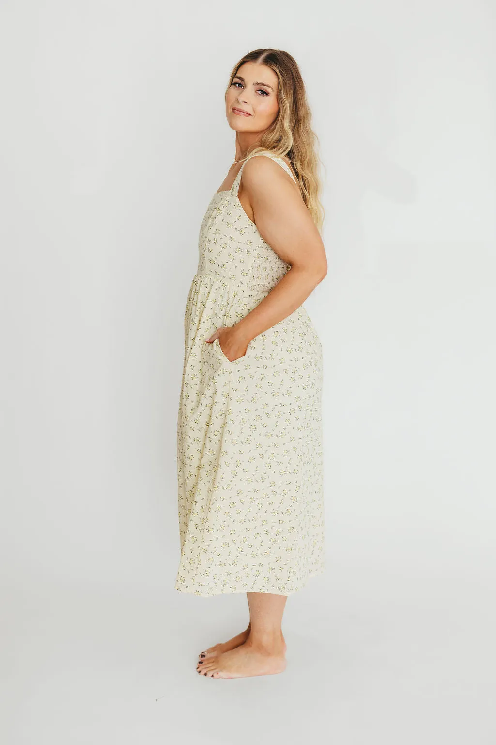 Tinsley 100% Cotton Midi Dress in Cream Floral