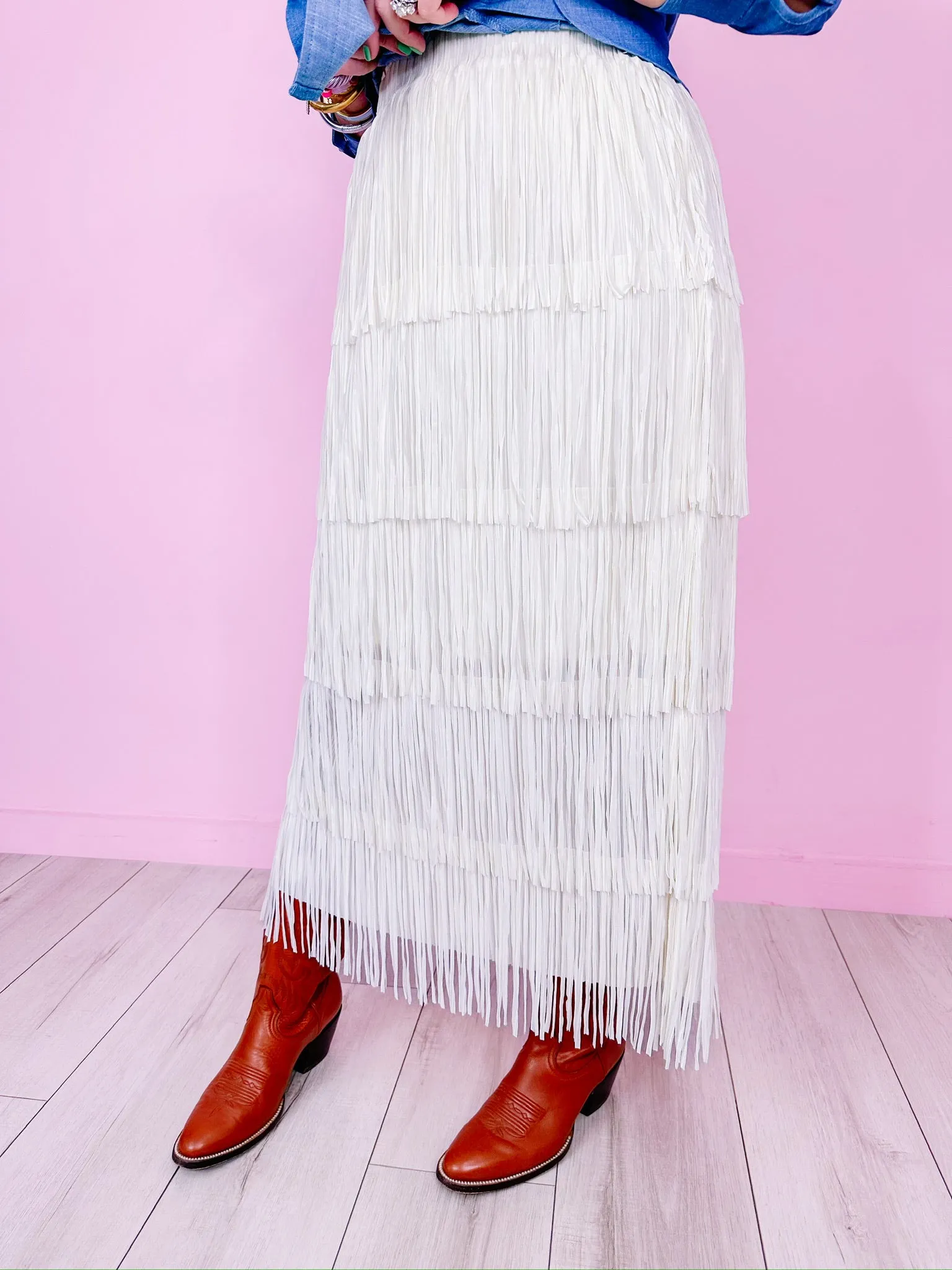 TOP TIER FRINGE MIDI SKIRT - IVORY