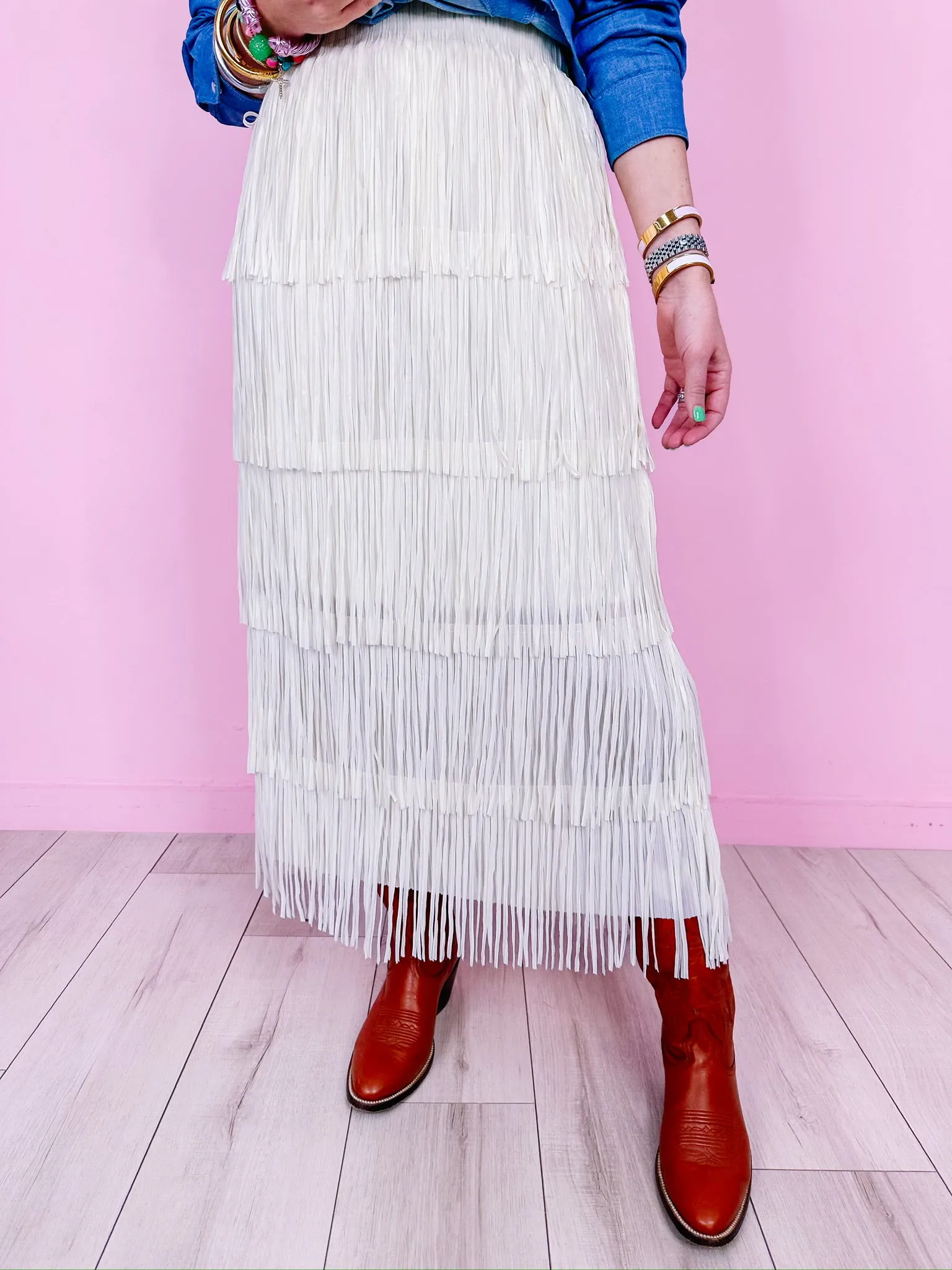 TOP TIER FRINGE MIDI SKIRT - IVORY