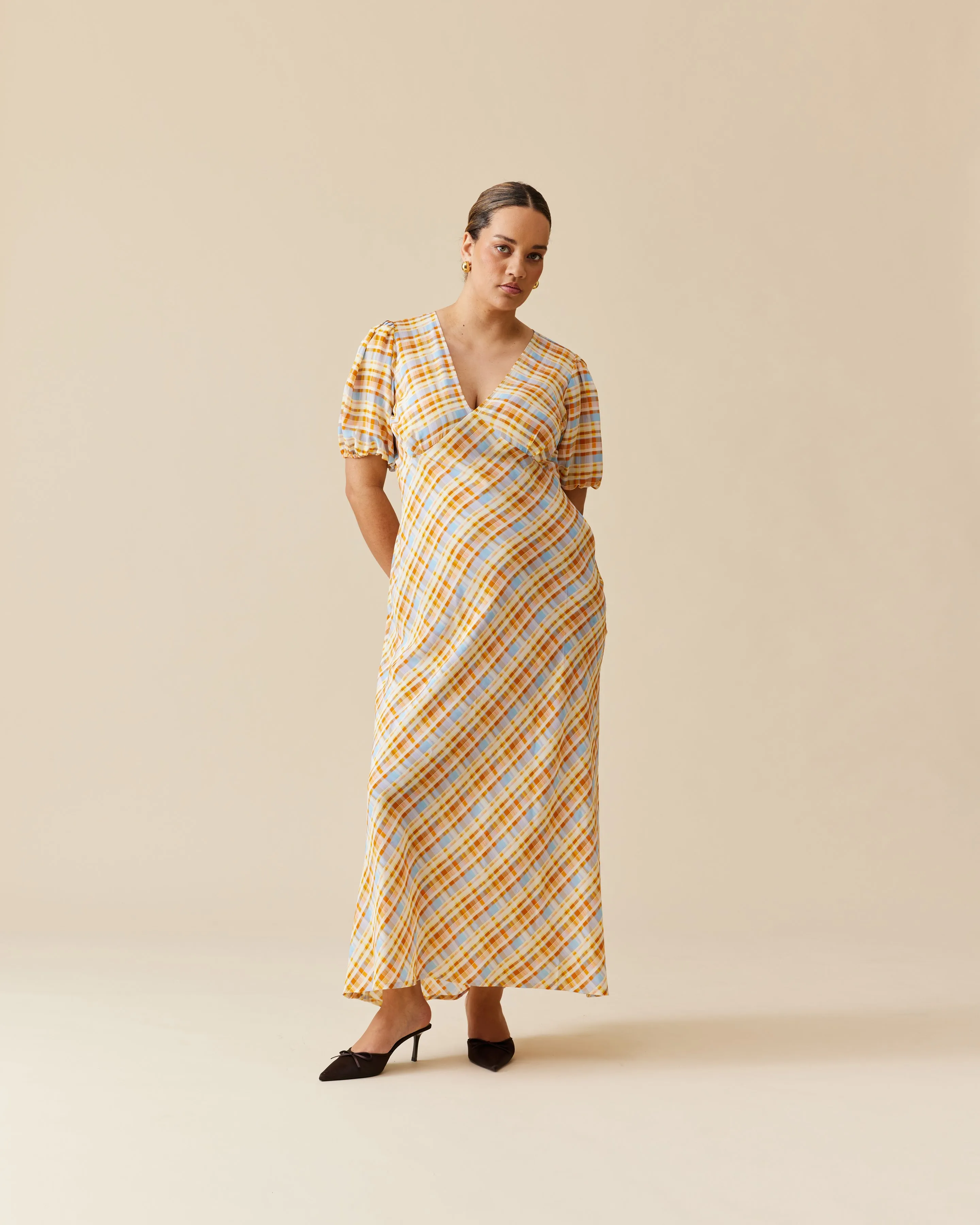 UMA SILK DRESS YELLOW TARTAN