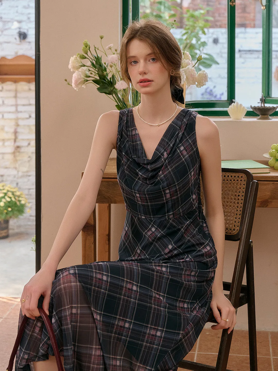 Valencia Cowl Neck Sleeveless Plaid Dress