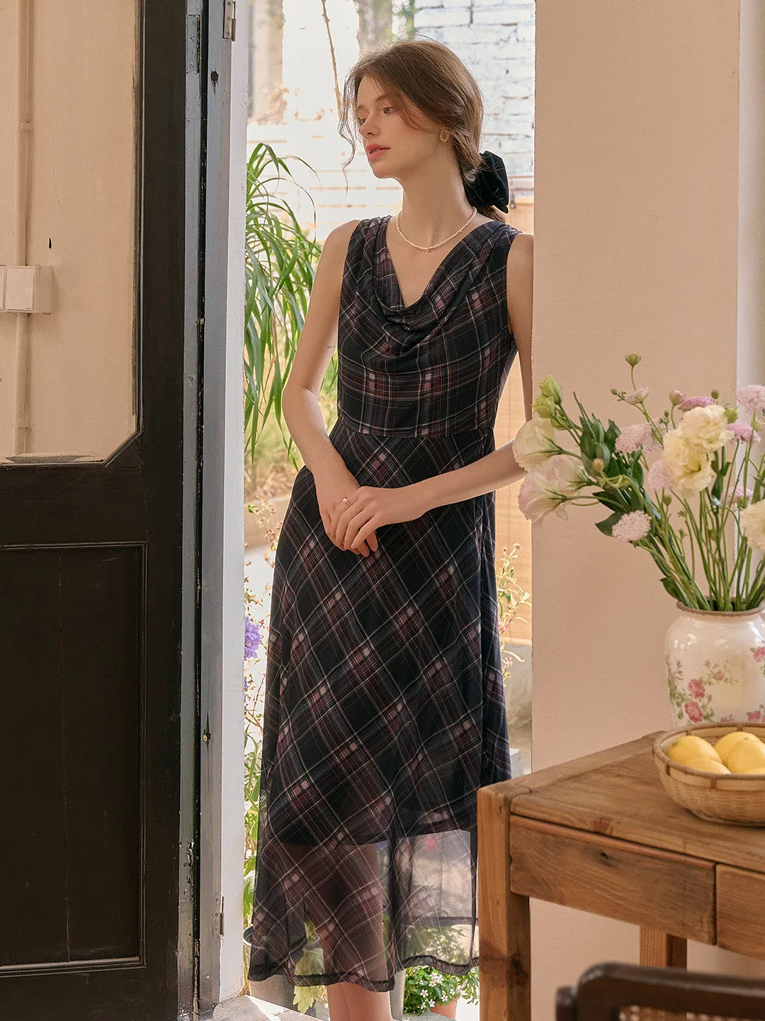 Valencia Cowl Neck Sleeveless Plaid Dress