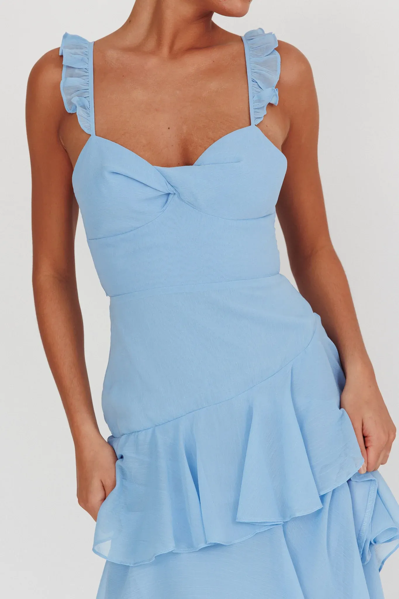 Veda Ruffle Strap Split Maxi Dress Blue