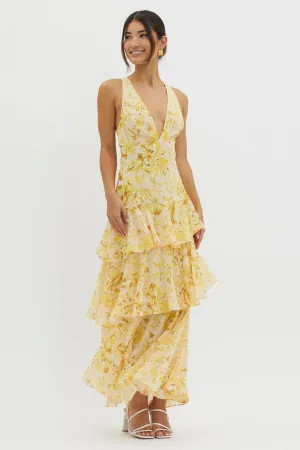 Veda Strappy Back Ruffle Midi Dress Floral Yellow