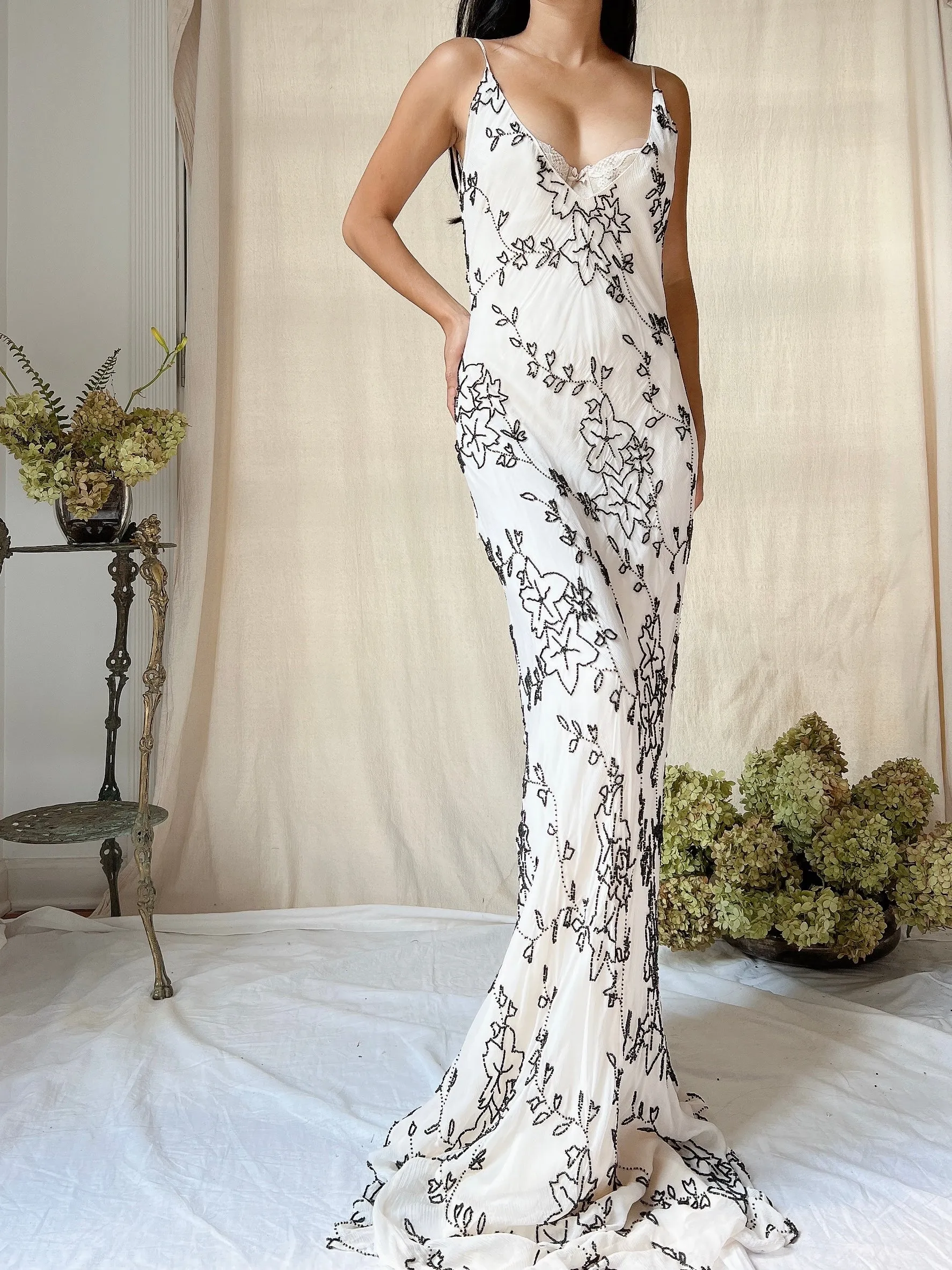 Vintage Black and White Silk Beaded Dress - M