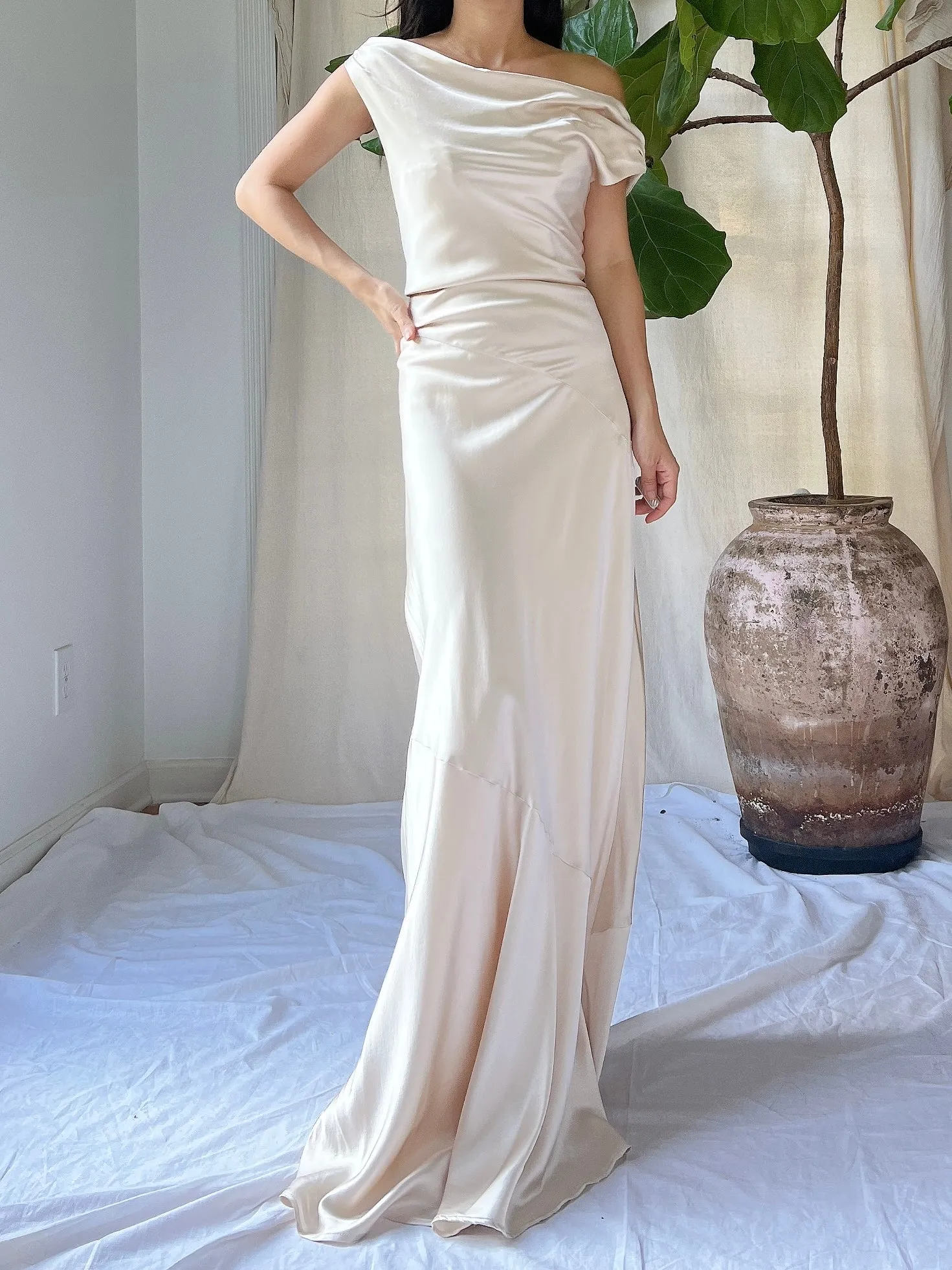 Vintage Champagne Silk Bias Cut Gown - S/M