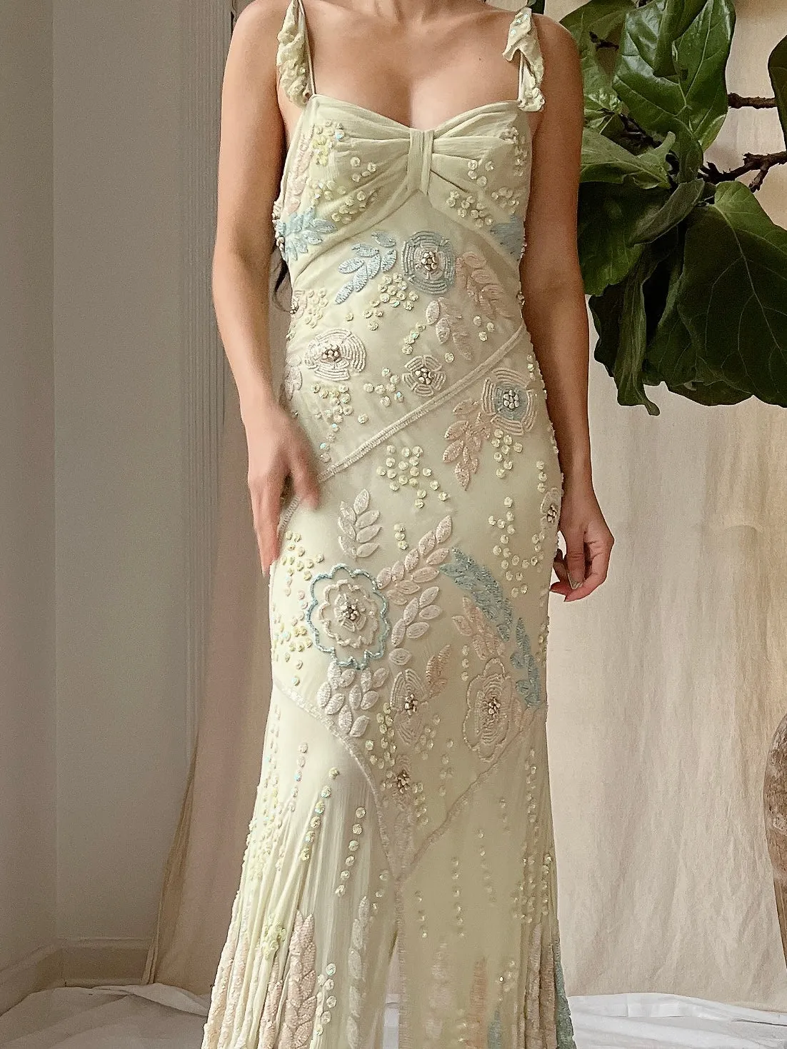 Vintage Couture Eavis and Brown Silk Handbeaded Gown - M/L