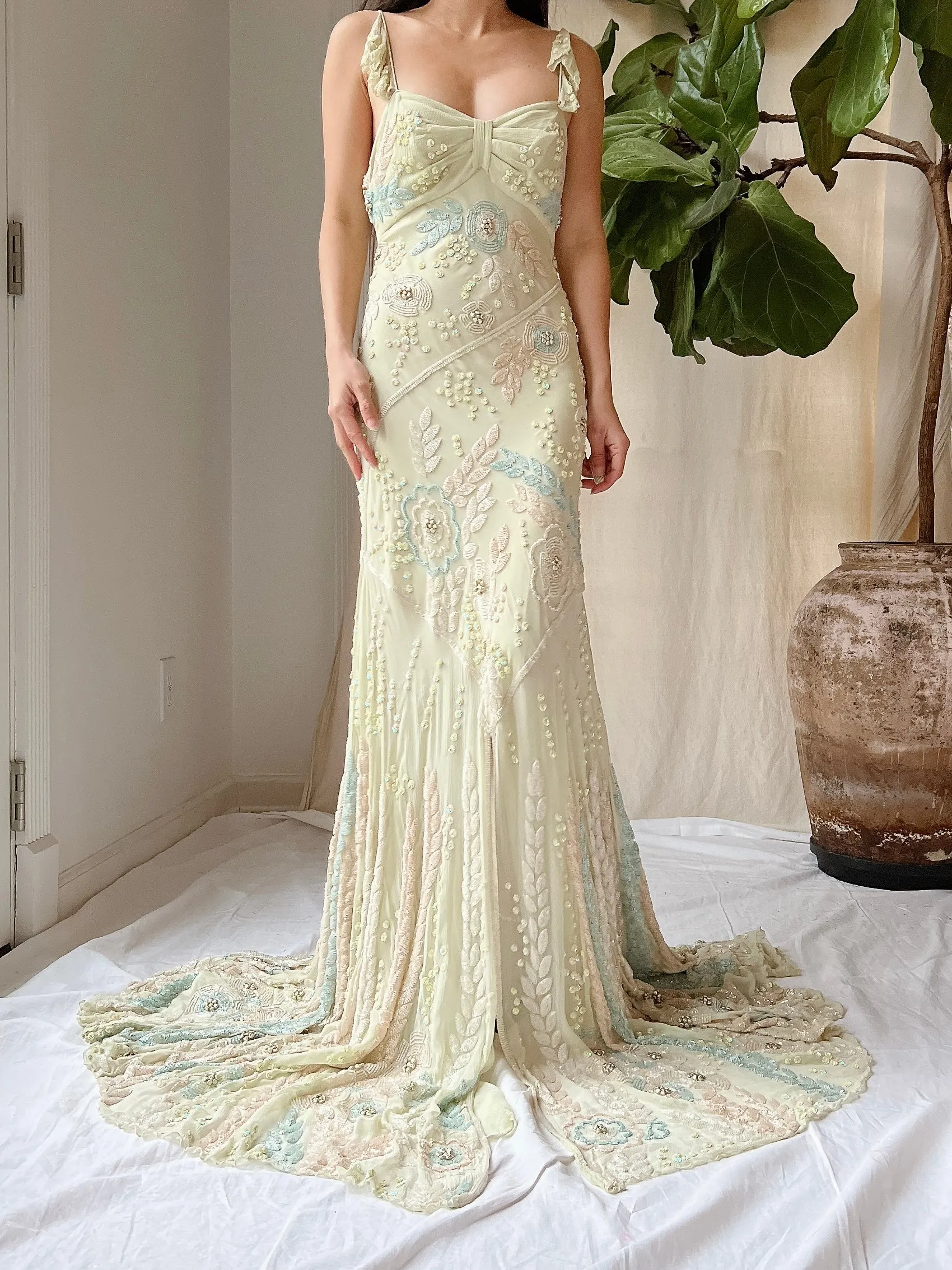 Vintage Couture Eavis and Brown Silk Handbeaded Gown - M/L