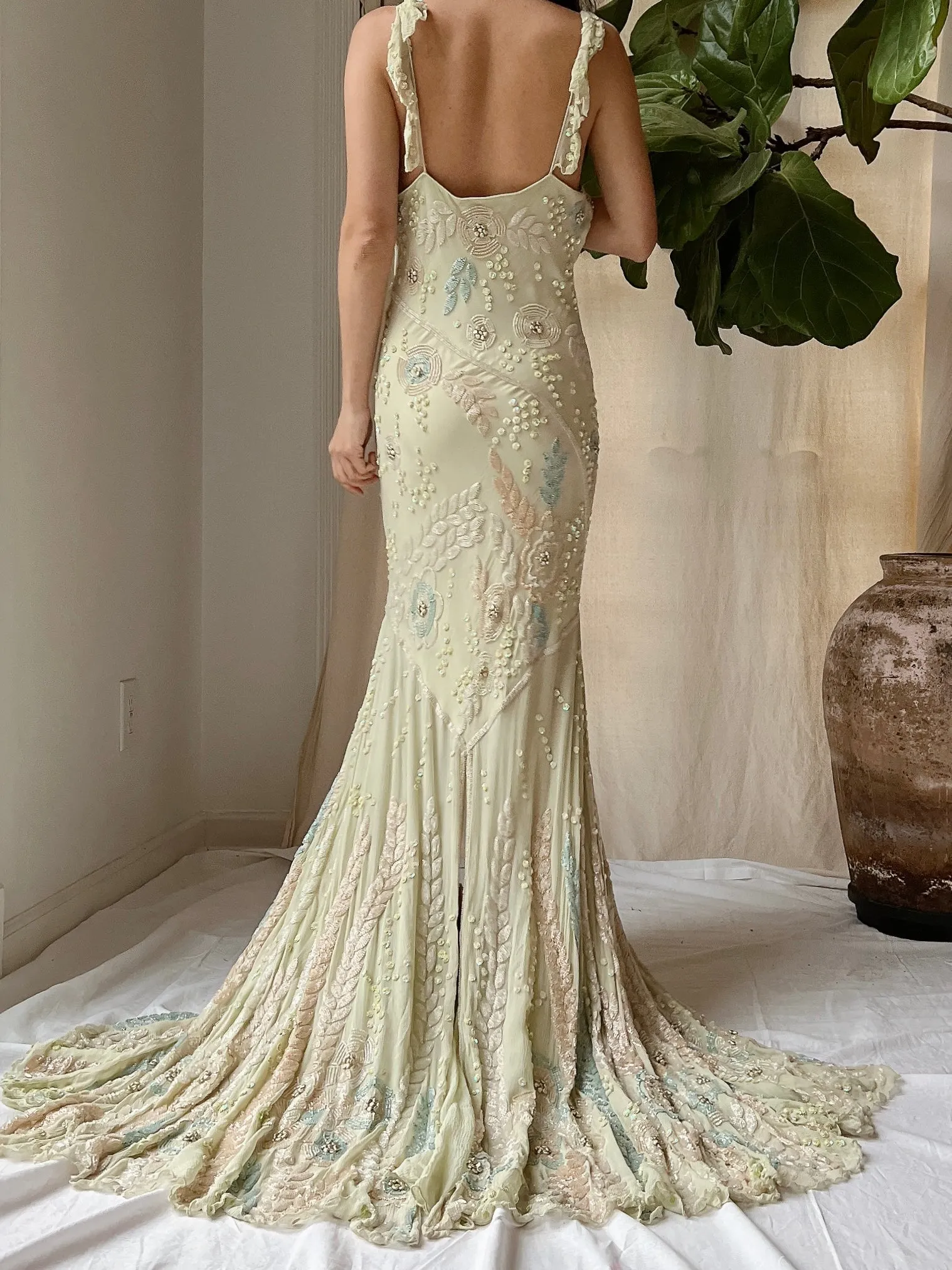 Vintage Couture Eavis and Brown Silk Handbeaded Gown - M/L