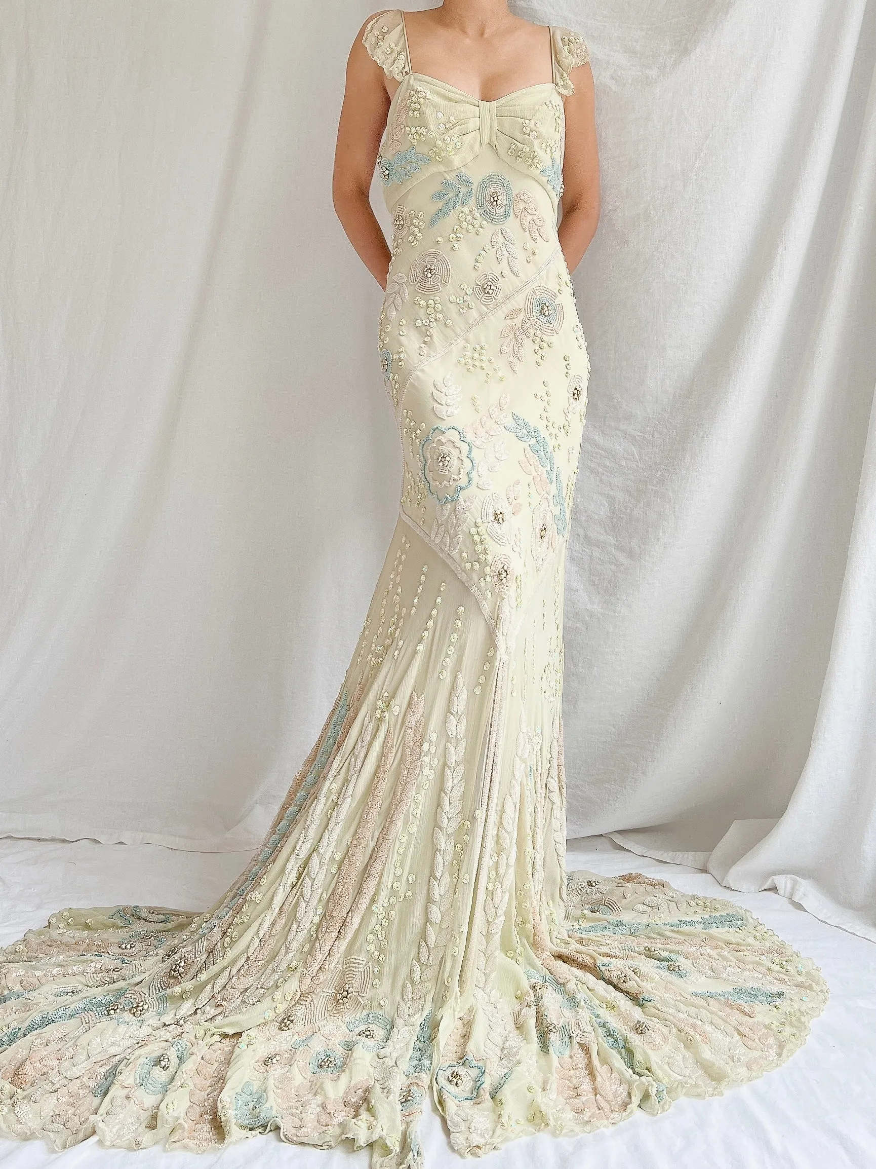 Vintage Couture Eavis and Brown Silk Handbeaded Gown - M/L