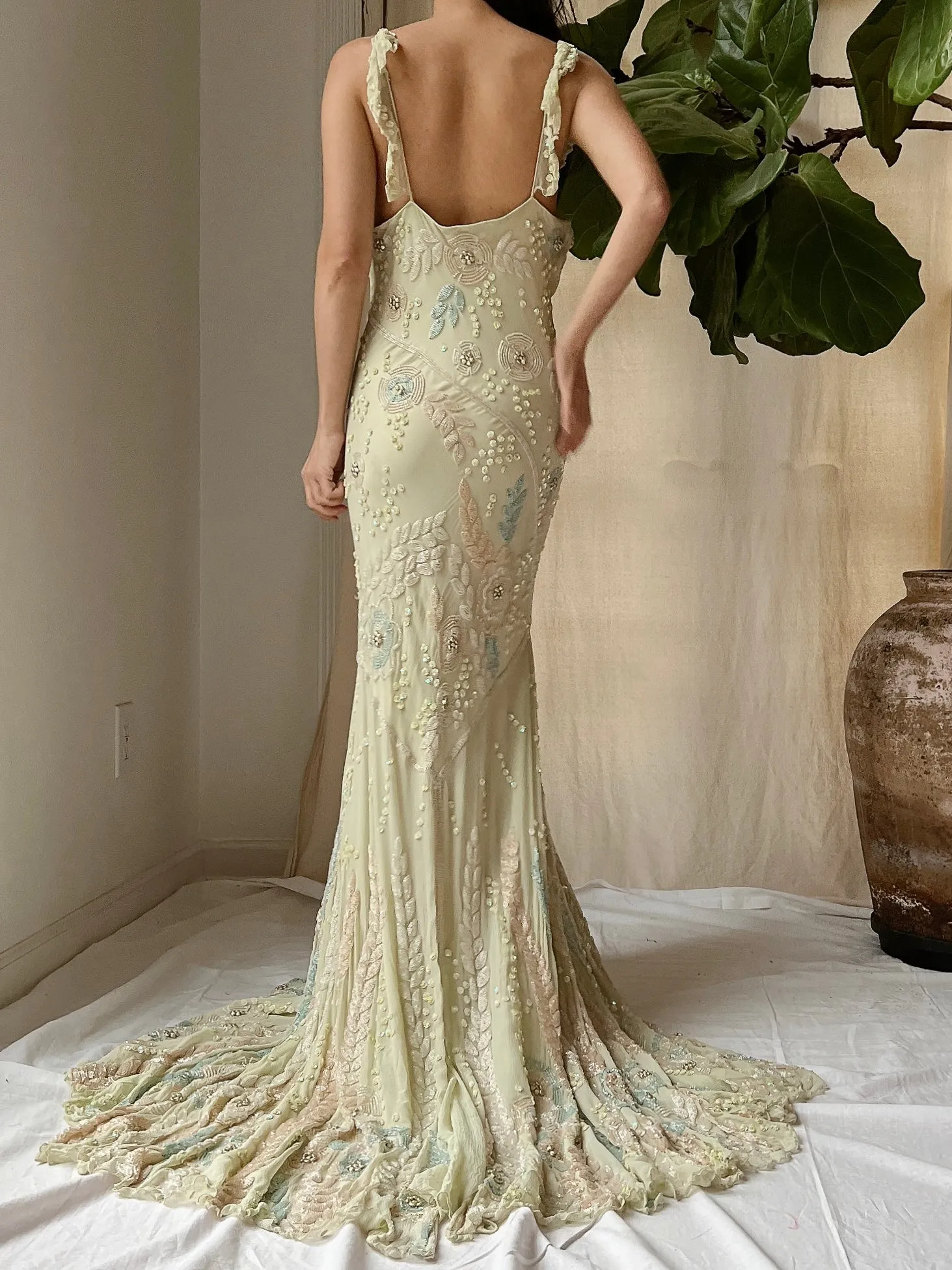 Vintage Couture Eavis and Brown Silk Handbeaded Gown - M/L