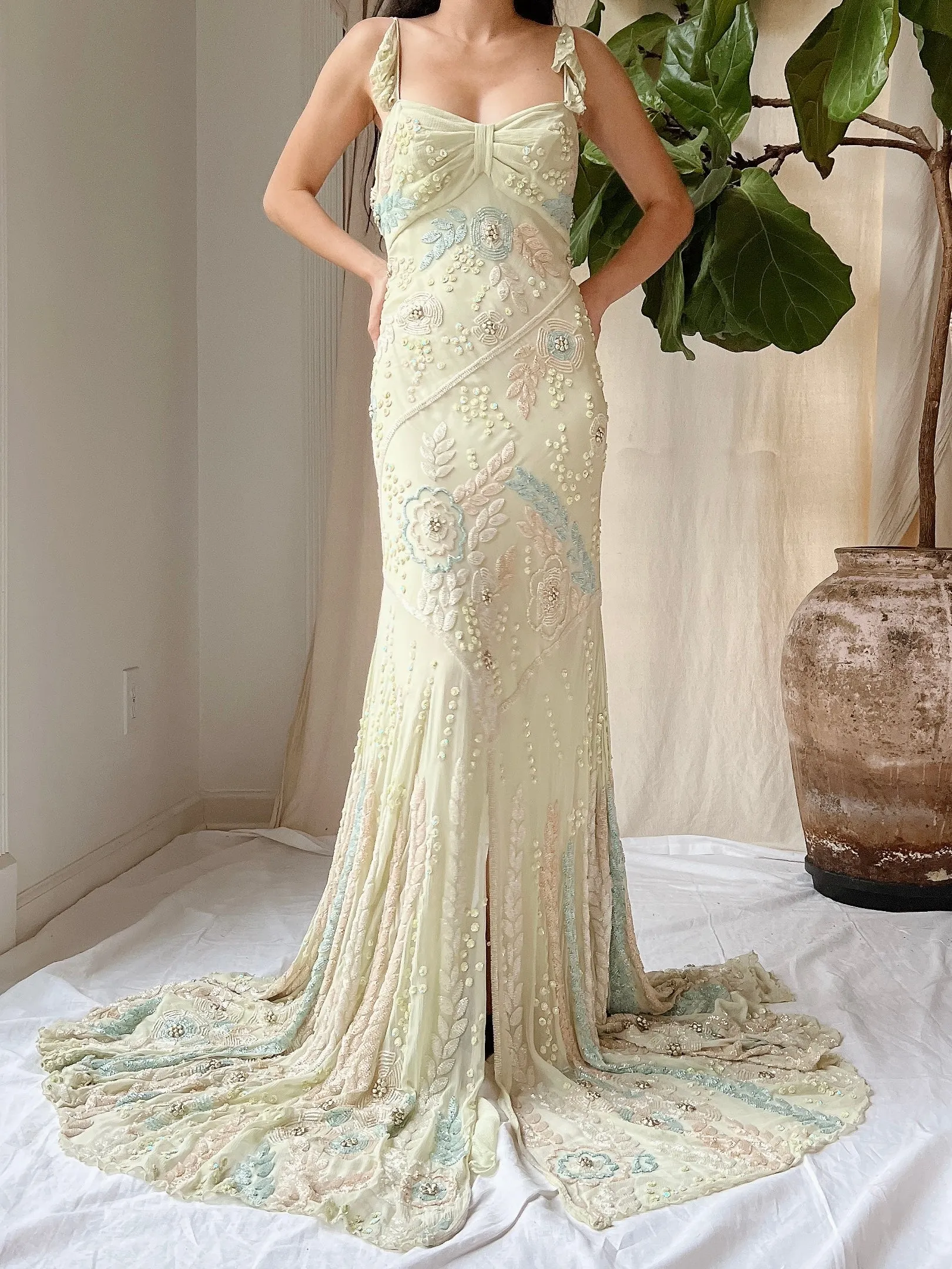 Vintage Couture Eavis and Brown Silk Handbeaded Gown - M/L