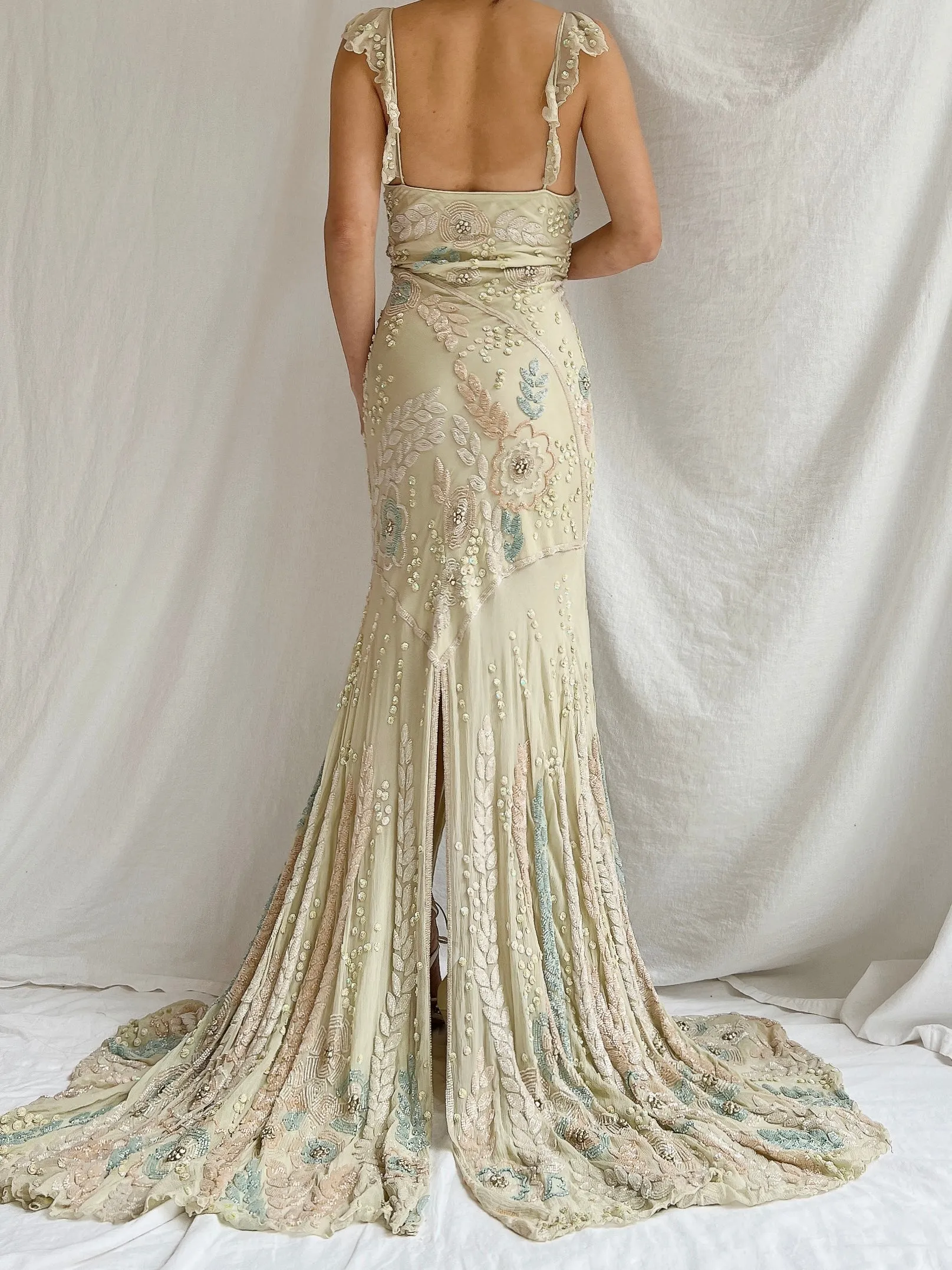Vintage Couture Eavis and Brown Silk Handbeaded Gown - M/L