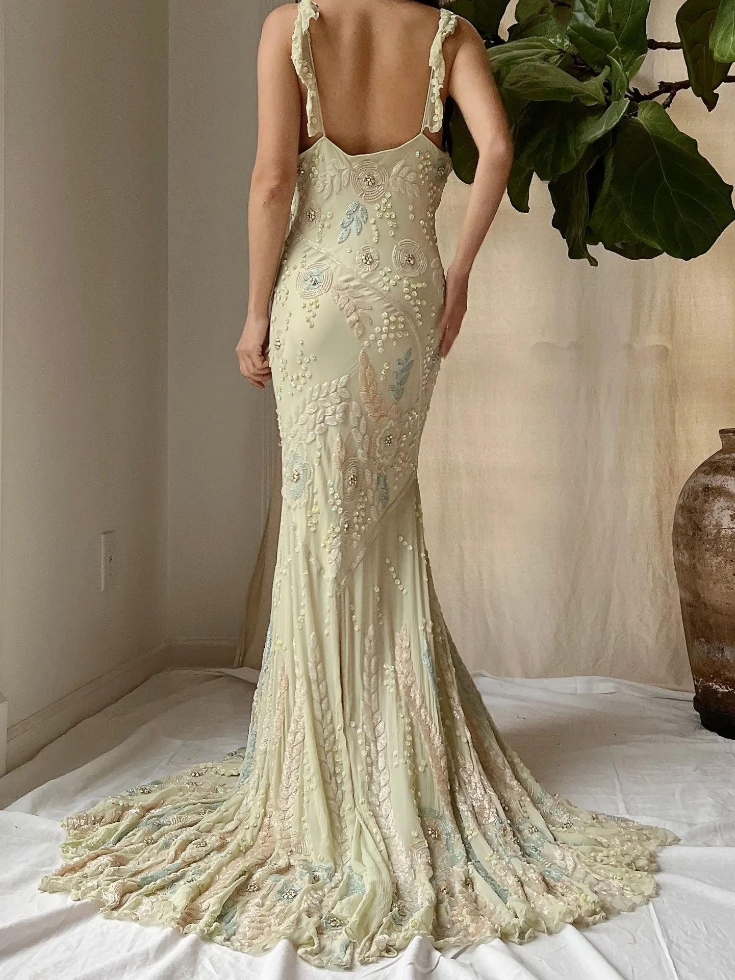 Vintage Couture Eavis and Brown Silk Handbeaded Gown - M/L