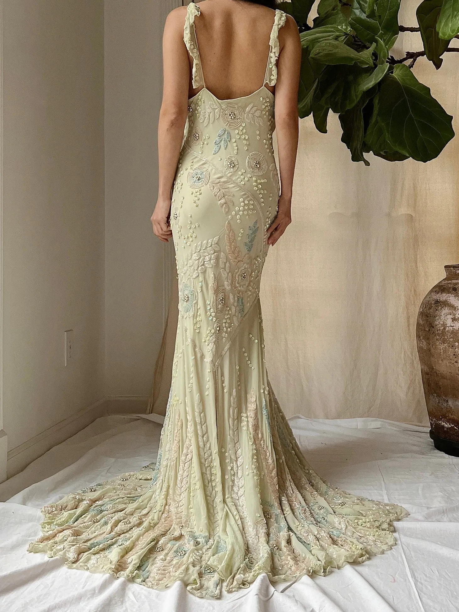 Vintage Couture Eavis and Brown Silk Handbeaded Gown - M/L