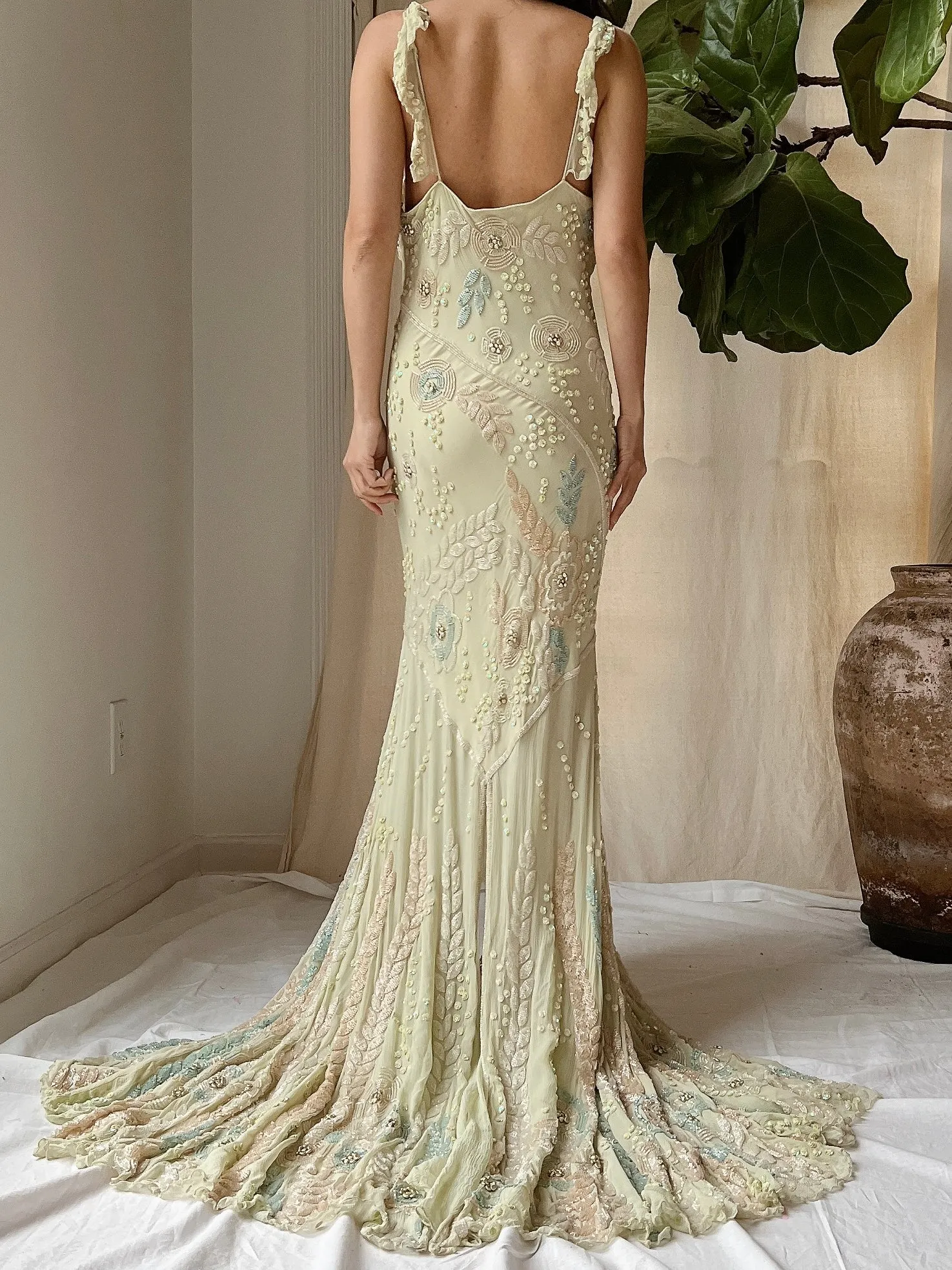 Vintage Couture Eavis and Brown Silk Handbeaded Gown - M/L