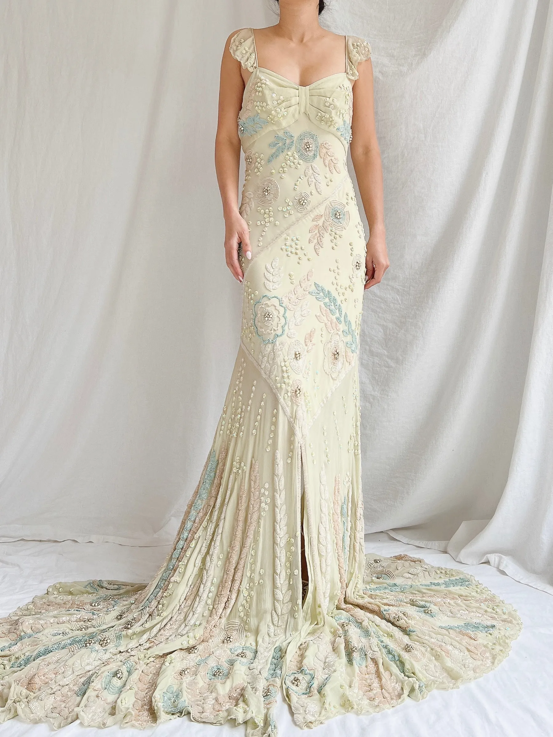 Vintage Couture Eavis and Brown Silk Handbeaded Gown - M/L