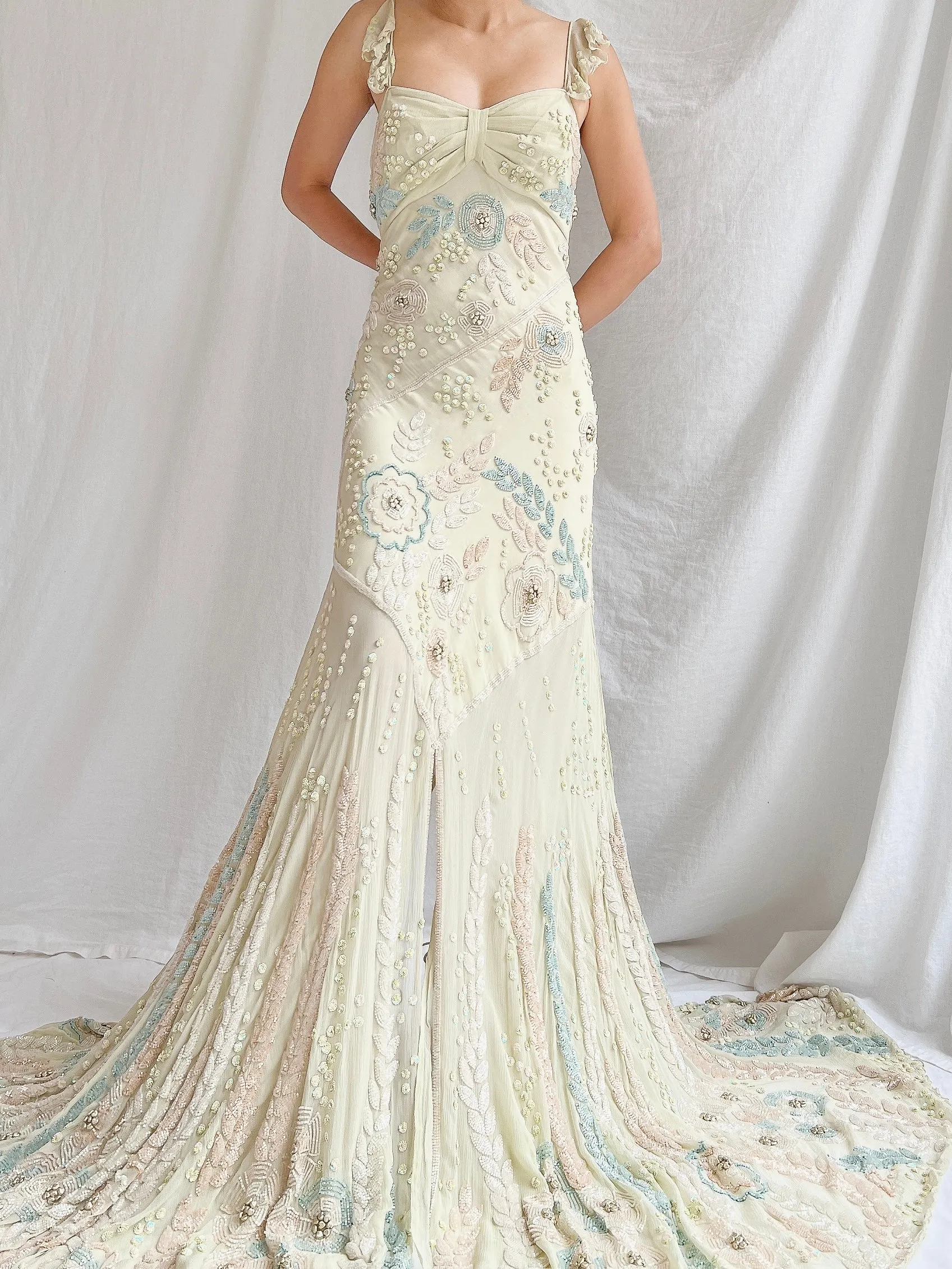 Vintage Couture Eavis and Brown Silk Handbeaded Gown - M/L