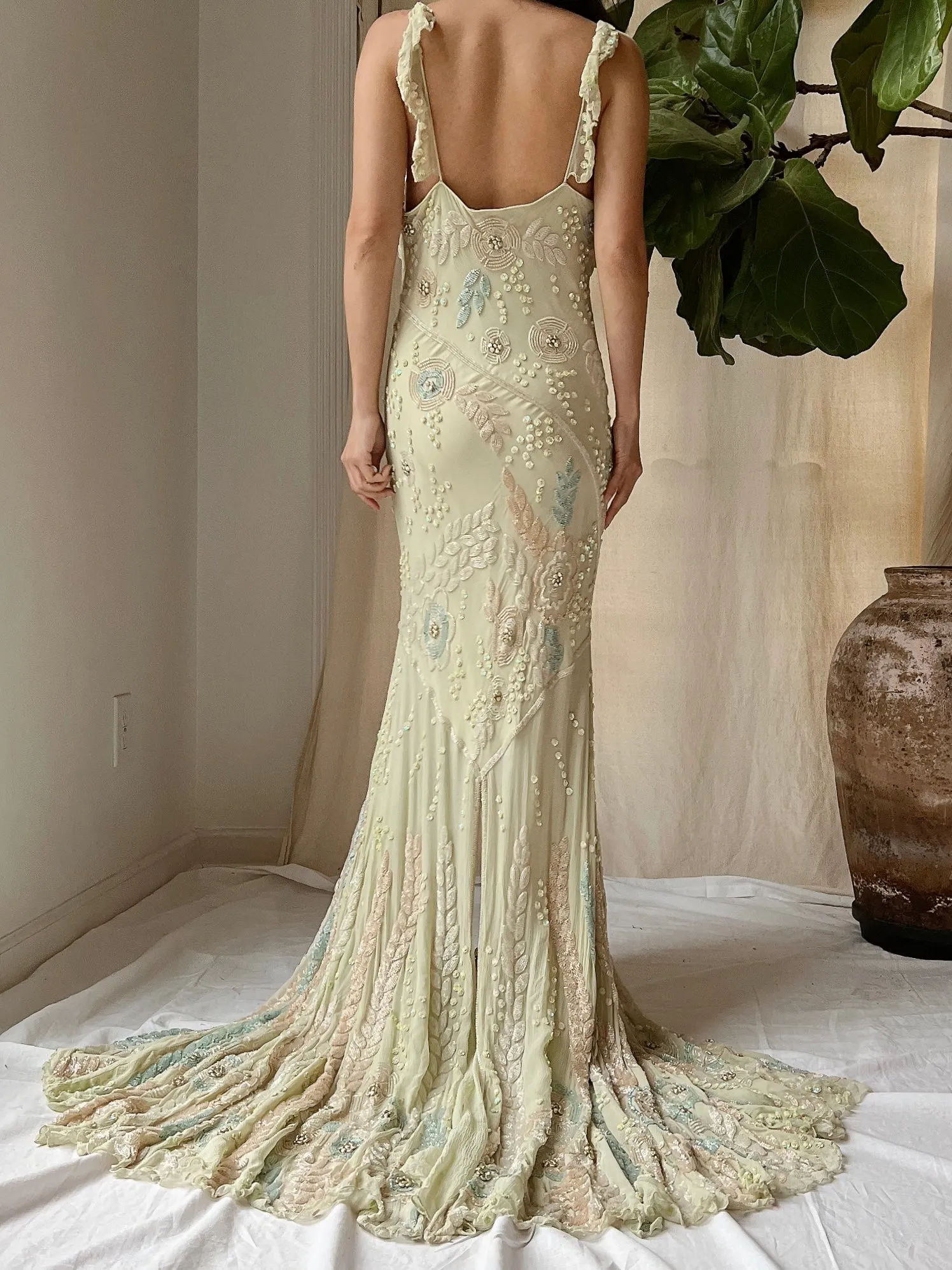 Vintage Couture Eavis and Brown Silk Handbeaded Gown - M/L