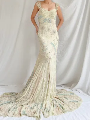 Vintage Couture Eavis and Brown Silk Handbeaded Gown - M/L
